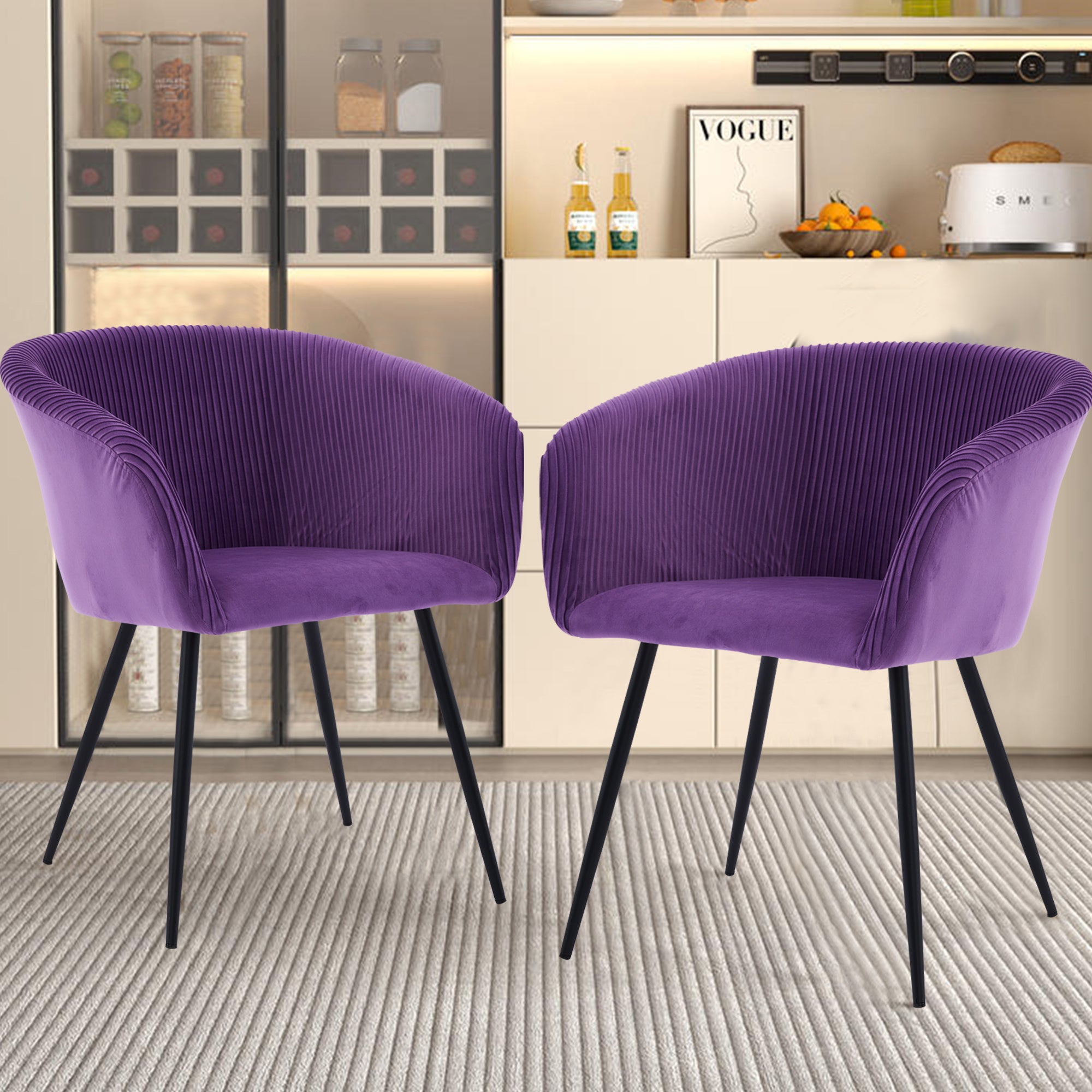 Koorbiir stripe dinding chair,Modern velvet kitchen chairs with armrests, cushioned bucket dining chairs, wheel less decorative chairs, dressing table chairs, 1pc purple