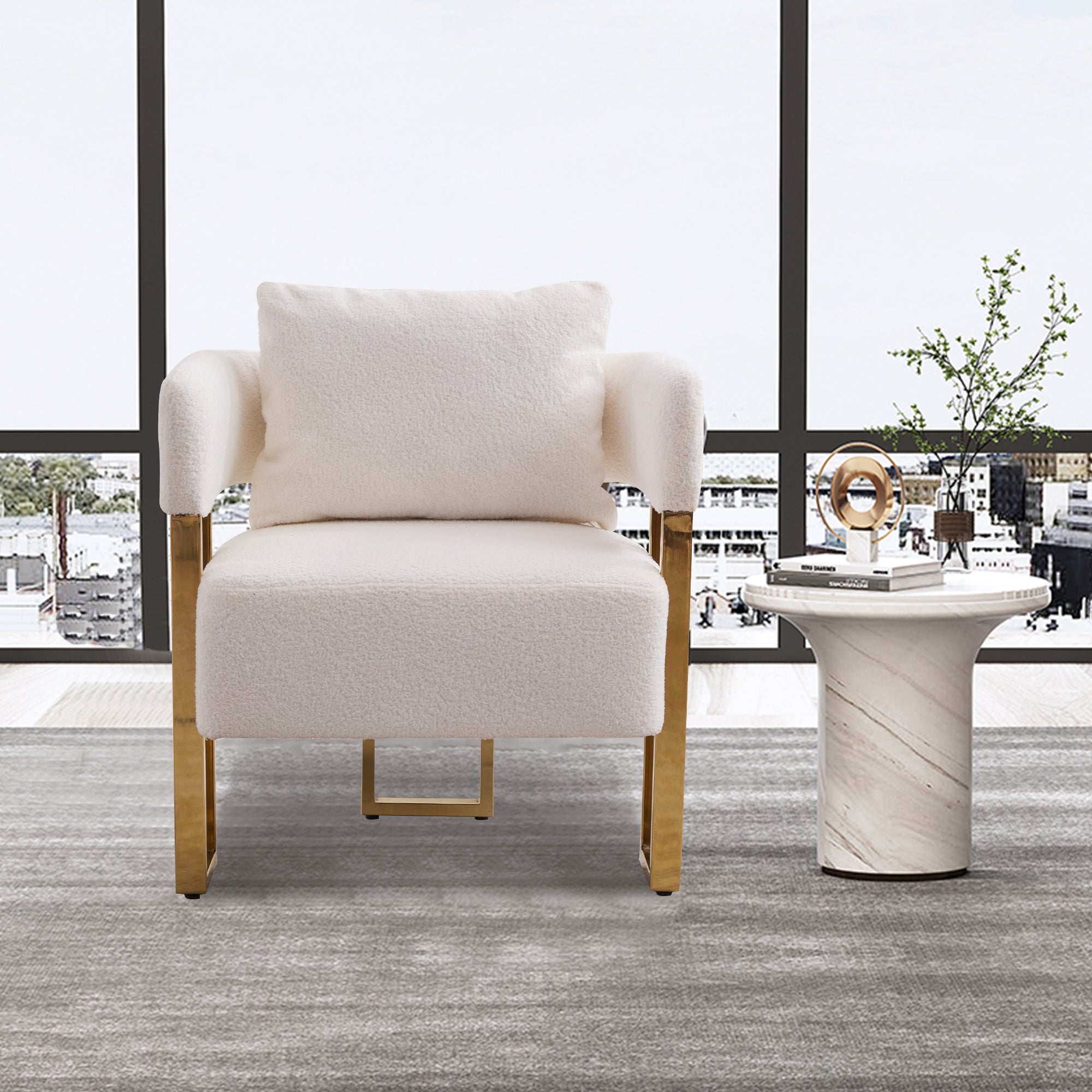 Koorbiir Modern decorative chair, living room side chair with gold metal legs, no wheels, suitable for dressing area, reception room, office,Teddy fleece upholstered metal foot sofas 2PCS White