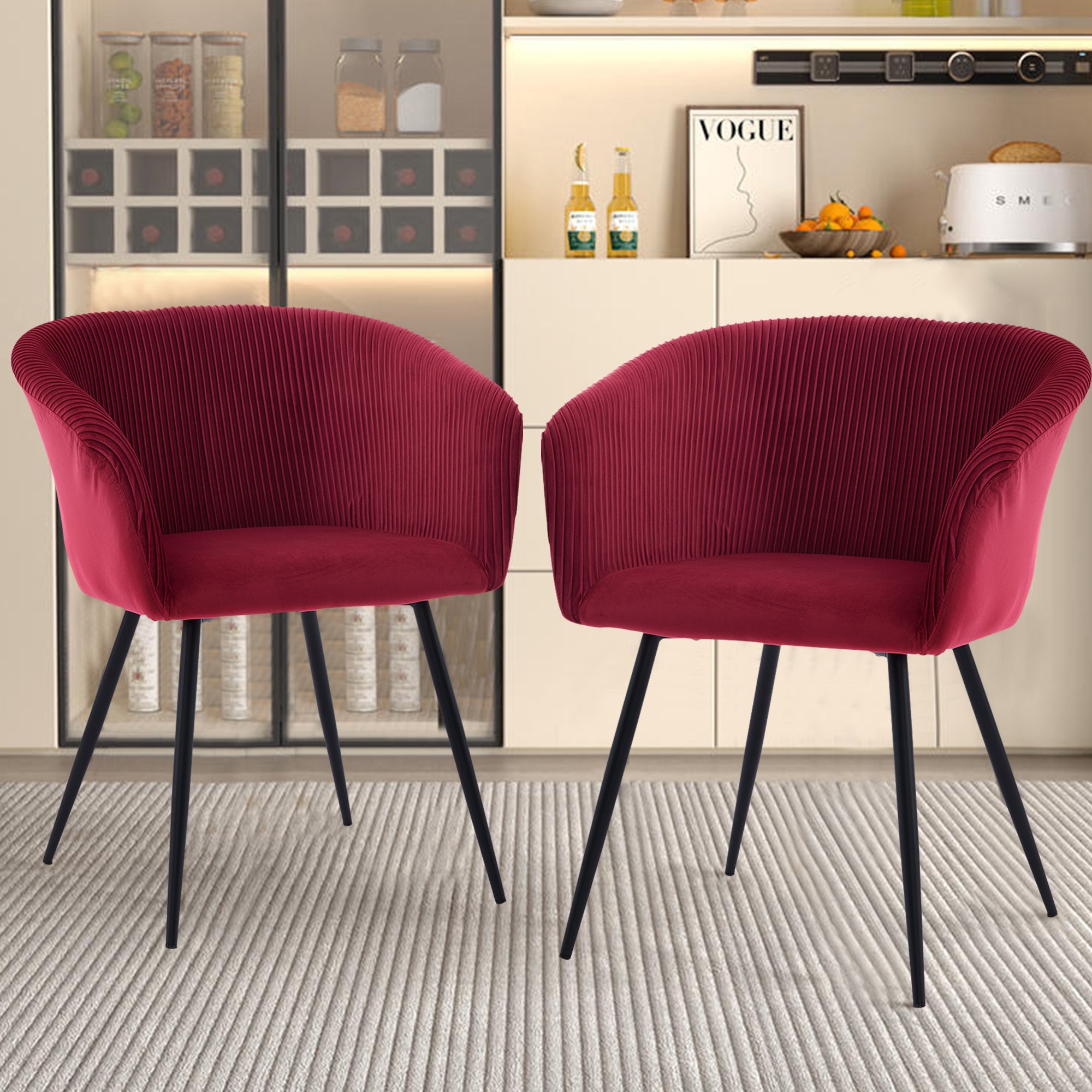 Koorbiir stripe dinding chair,Modern velvet kitchen chairs with armrests, cushioned bucket dining chairs, wheel less decorative chairs, dressing table chairs, 1PC Wine Red