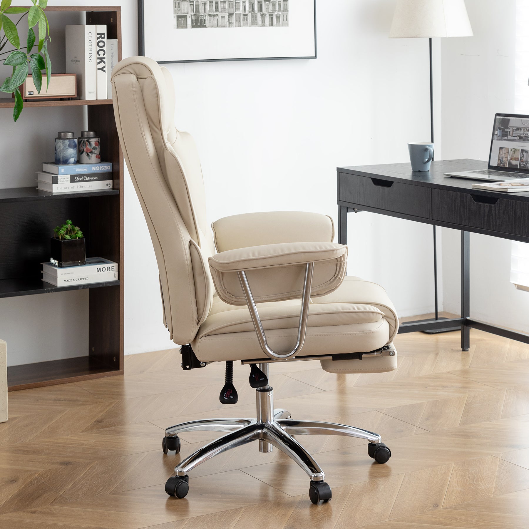 Office Chair, Big and Tall Executive Office Chair with Footrest, Leather Computer Chair, Ergonomic Reclining Chair High Back , Large Home Office Chair (Beige)