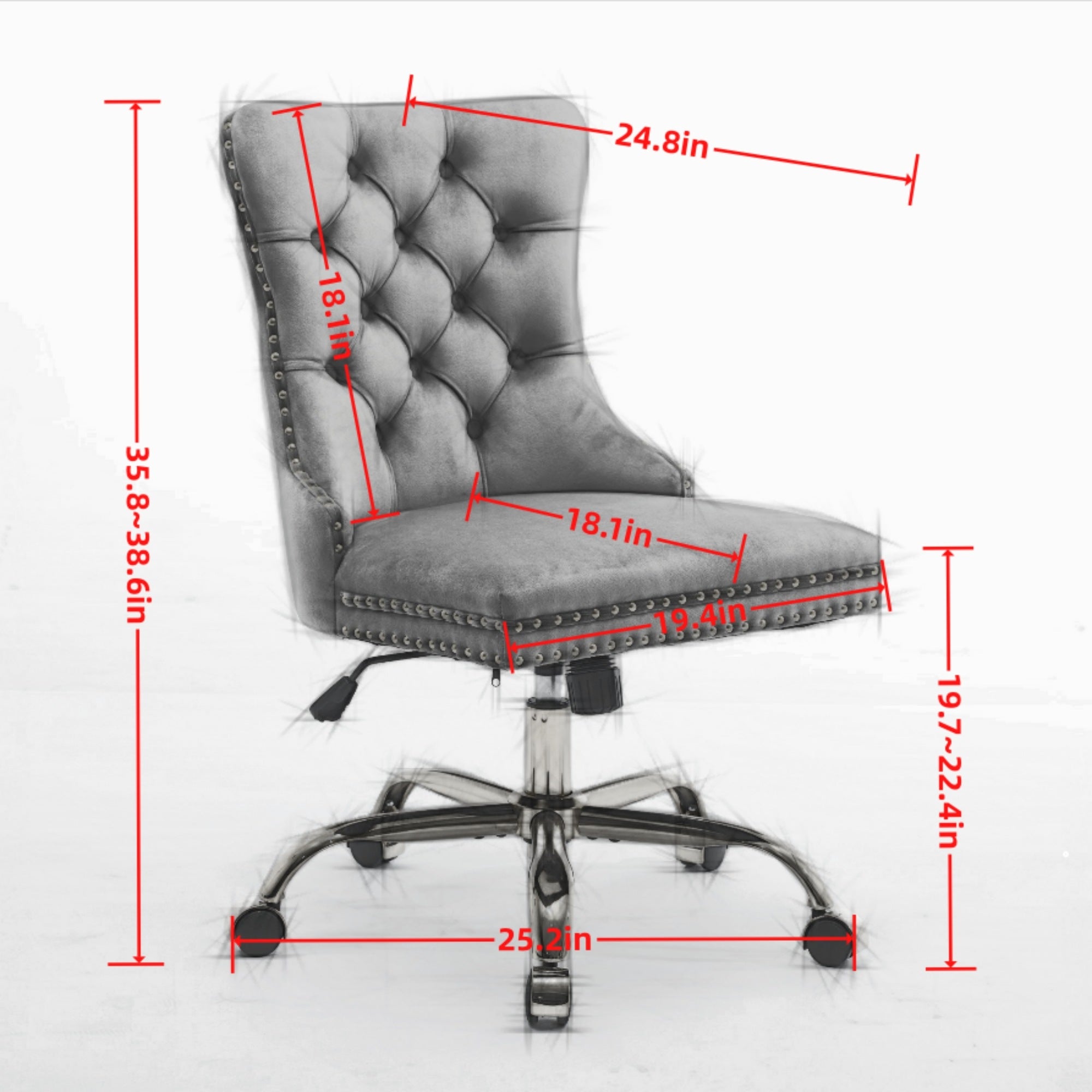 koorbiir o4 Modern Velvet Upholstered Office Chair with Tufted Button ¨C Adjustable Swivel Desk Chair with Gold Metal Base (Gray)