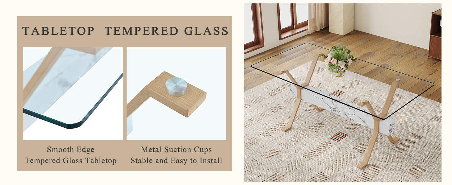 71" x 35.4" Transparent Tempered Glass Dining Table with X-Shaped Wood Color Metal Legs ¨C 6 Light Gray Linen Fabric Chairs, Modern Table Linens Set for Dining Room