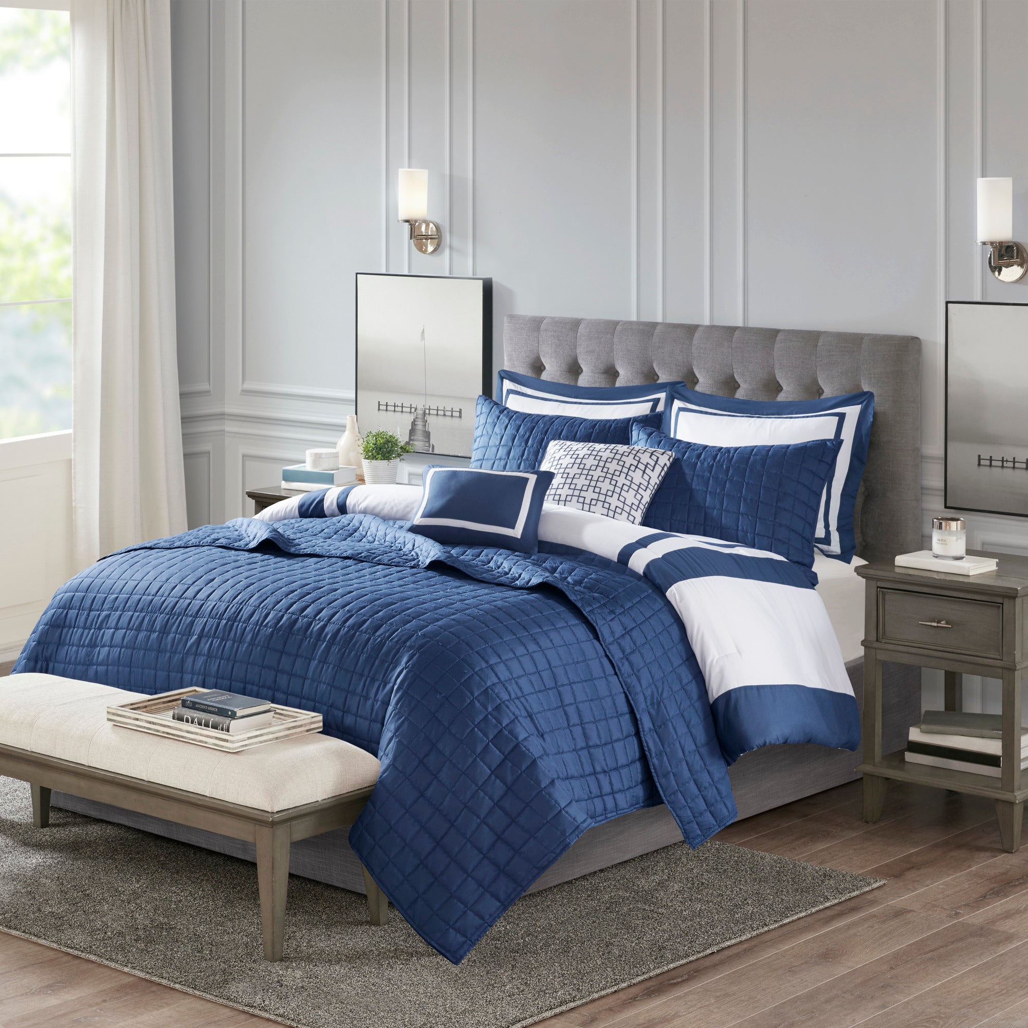 8-Piece Blue Seersucker Comforter & Quilt Set ¨C King/Cal King Bedding Collections with Decorative Pillows & Shams