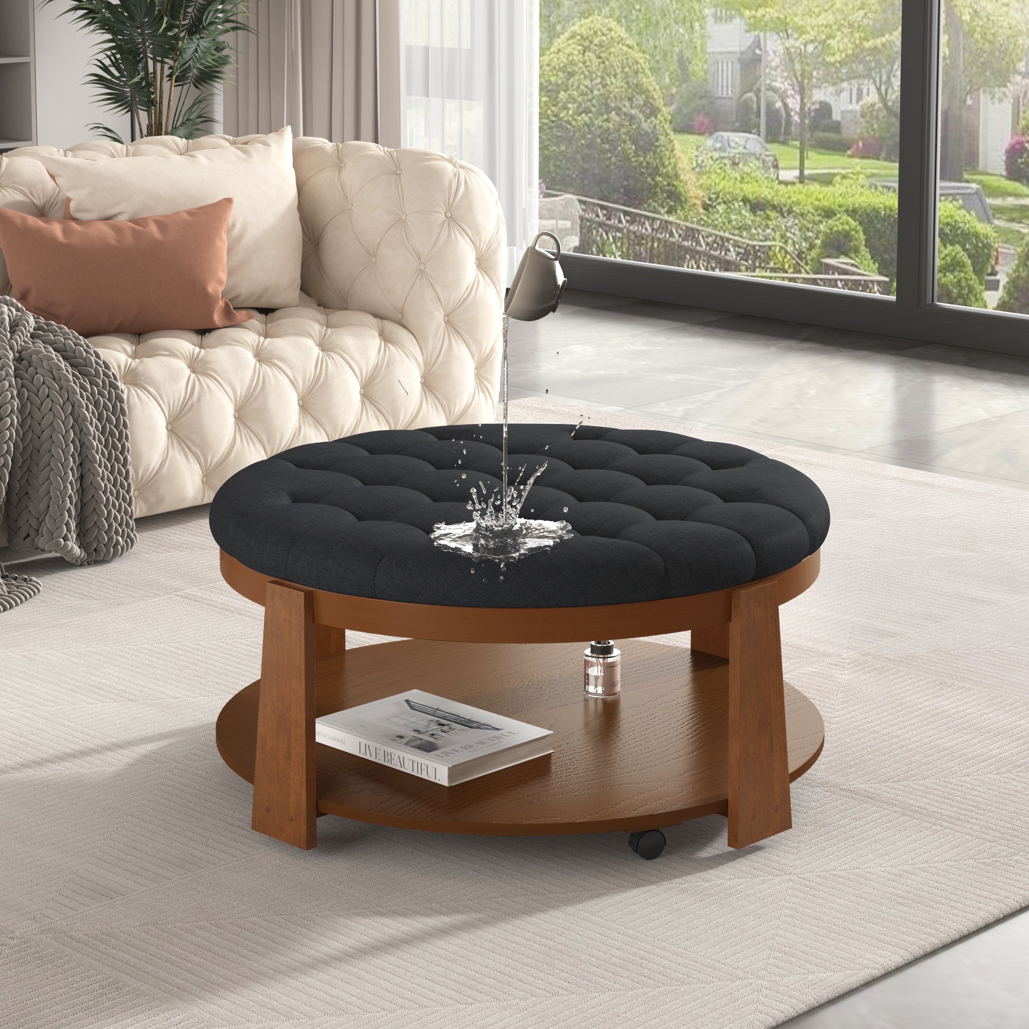 koorbiir ta1 Modern Large Round Ottoman Coffee Table with 2-Tier Wood Shelf Storage ¨C Oversized Button Tufted Upholstered Footrest Ottoman on Wheels, Waterproof Table Linens for Living Room