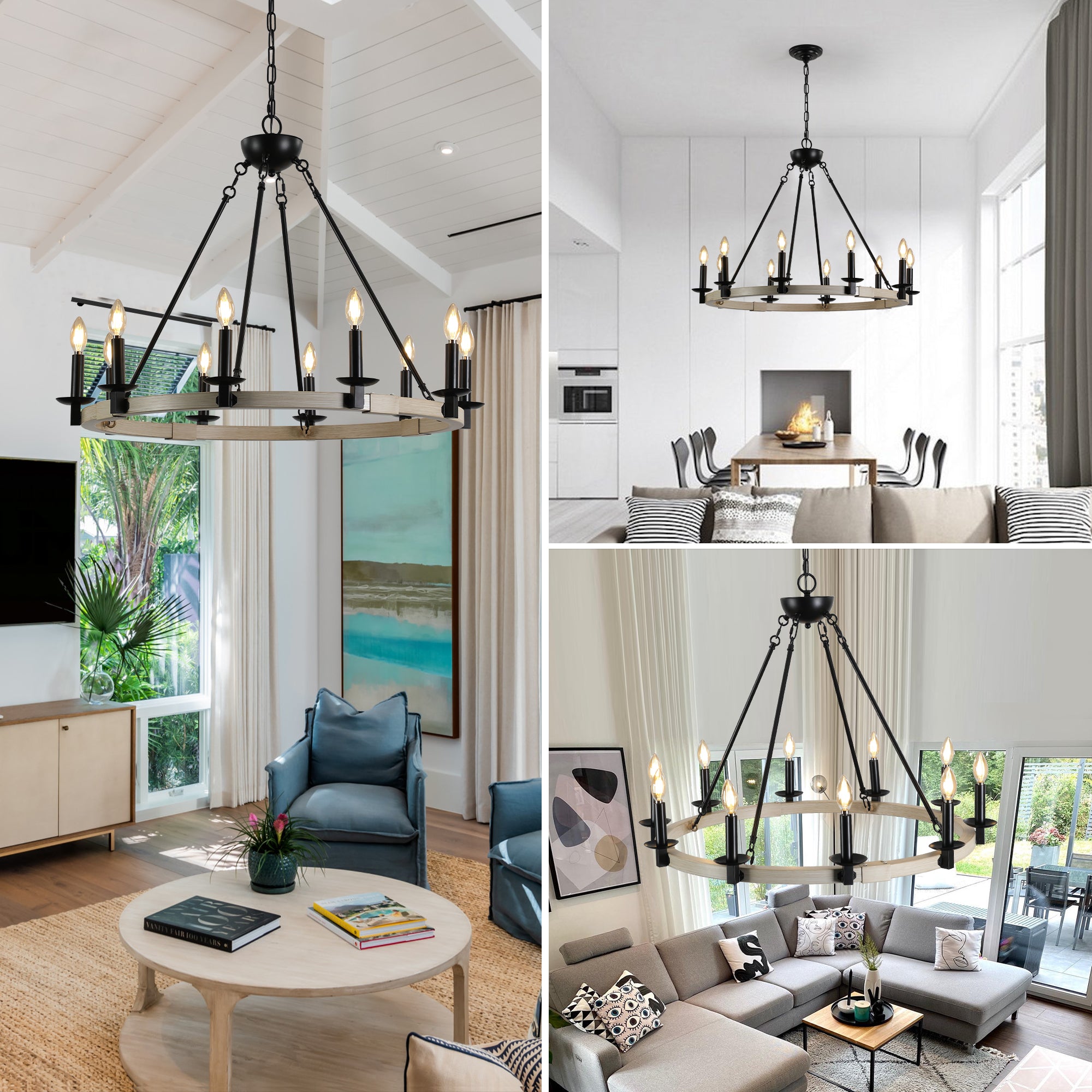 koorbiir ca1 32" Rustic Farmhouse Candle Chandelier, 10-Light Black Metal and Wood Round Hanging Light Fixture for Dining Room, Kitchen & Living Room, Adjustable Height, E12 Bulb Base (No Bulbs)