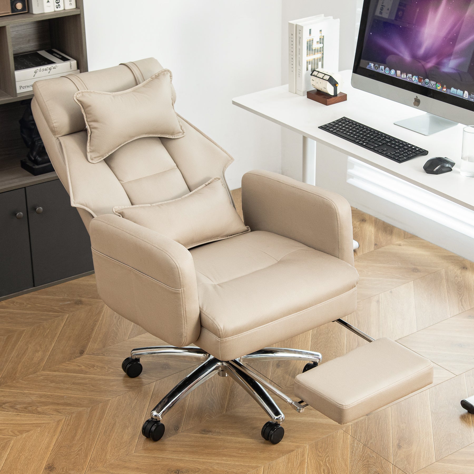 koorbiir o1 Ergonomic Swivel Office Chair with Lumbar Support & Headrest ¨C High Back Reclining Computer Chair, Beige