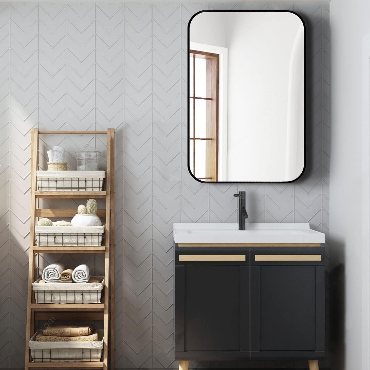 koorbiir mi3 24x36 Black Metal Framed Rectangular Bathroom Mirror, Wall-Mounted Mirror for Home Decor