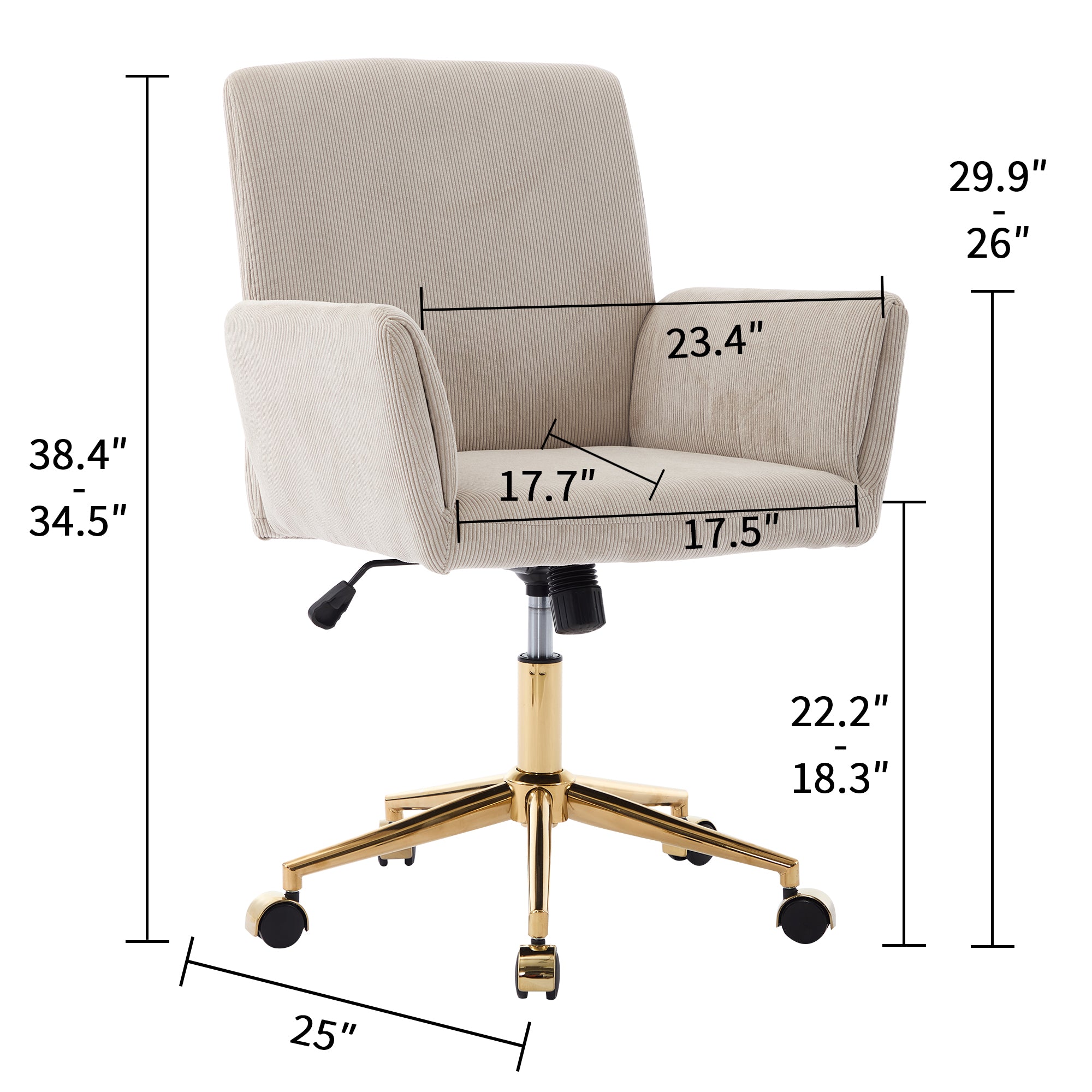 Koorbiir Corduroy home decor office desk and chair, modern height adjustable 360 ° armchair with gold base, ergonomic computer chair, leisure chair 1pc creamy white