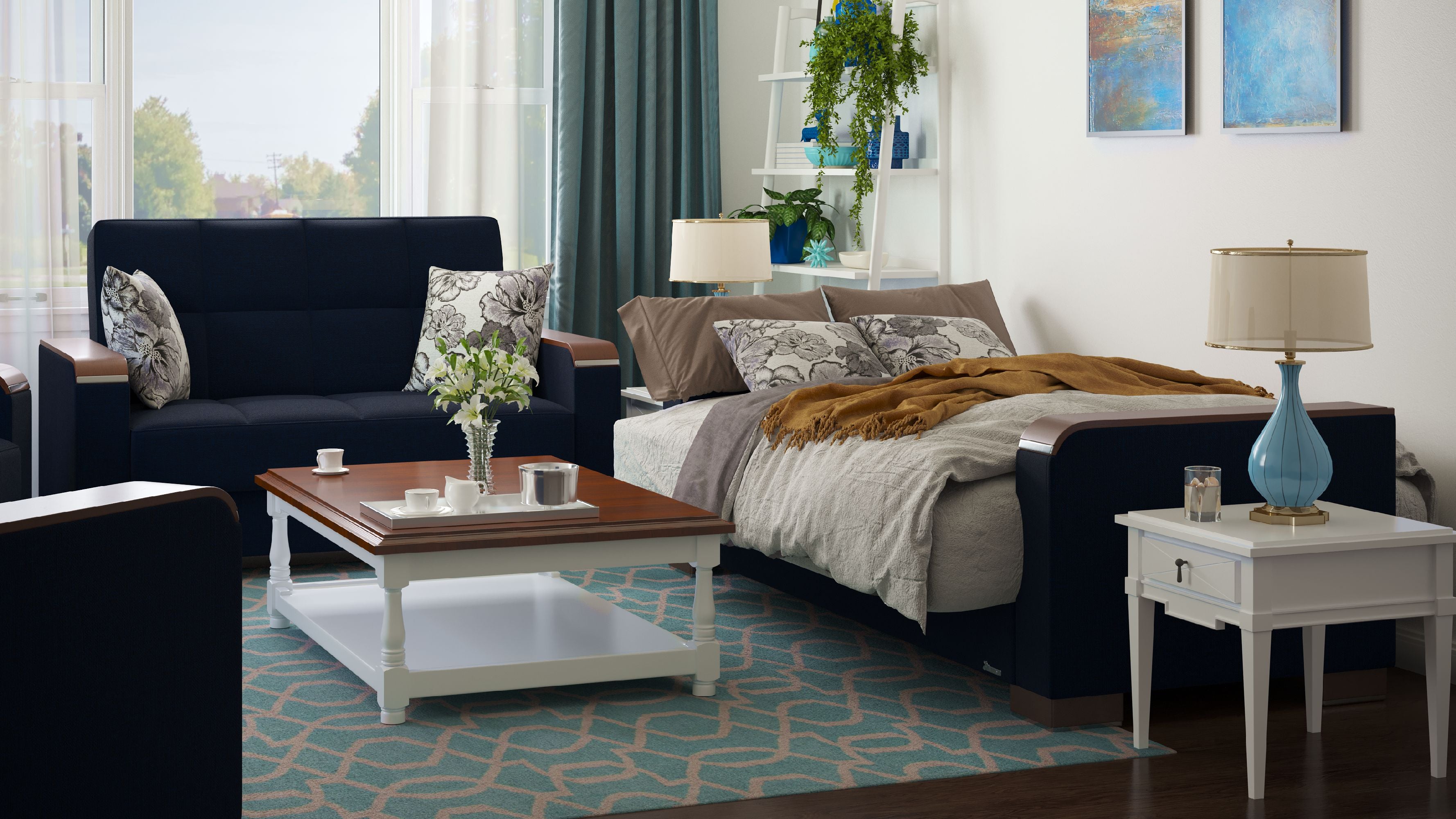 PrimeNest ZenAero Collection Convertible Wood Trimmed Upholstered Sofabed with Storage, Dark Blue Polyester Sleeper Sofa Bed for Small Spaces Living Room Furniture