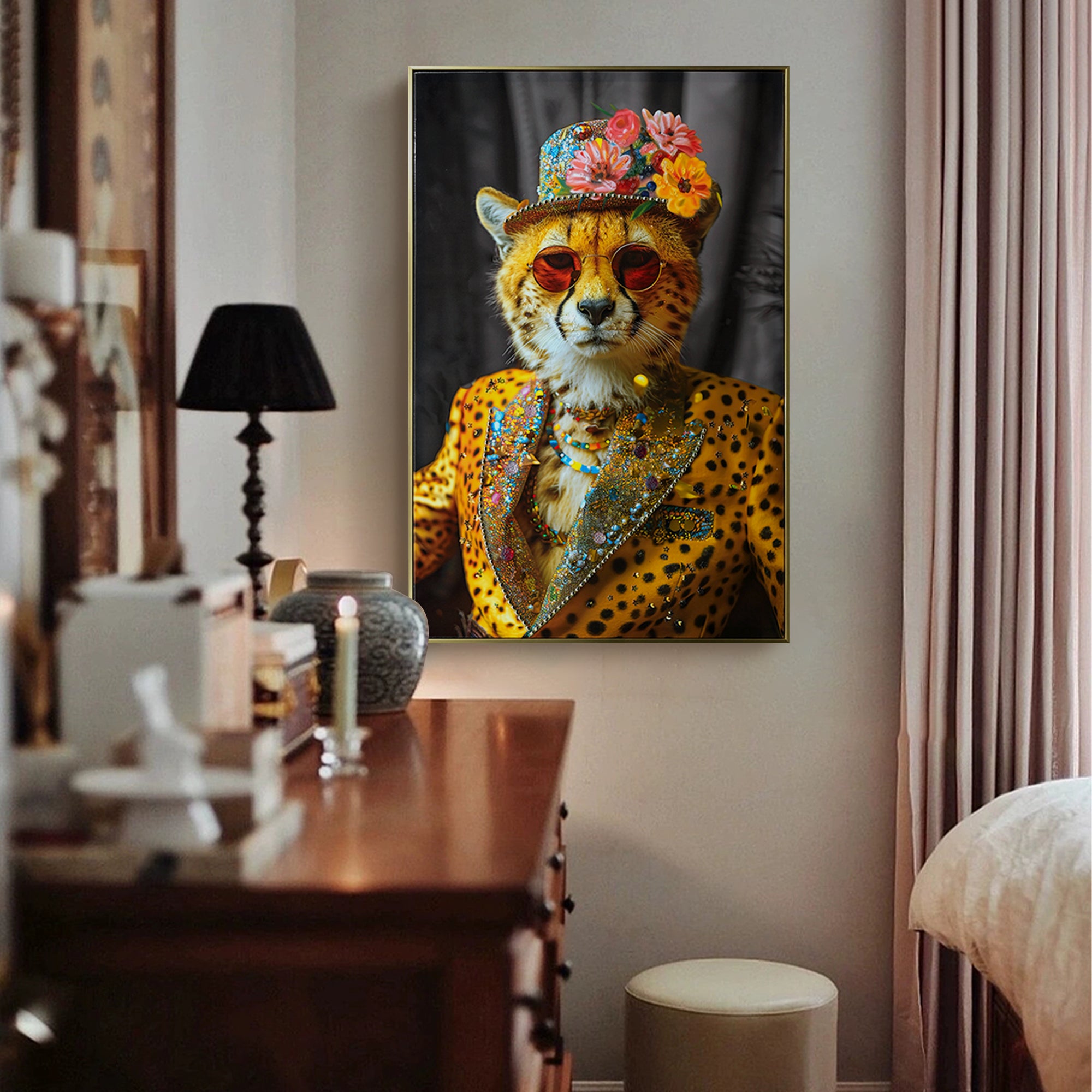 koorbiir W1 Abstract Cheetah Wall Art ¨C Modern Leopard Print Canvas Painting with Sunglasses, Hat & Flowers for Living Room, Bedroom & Office Decor