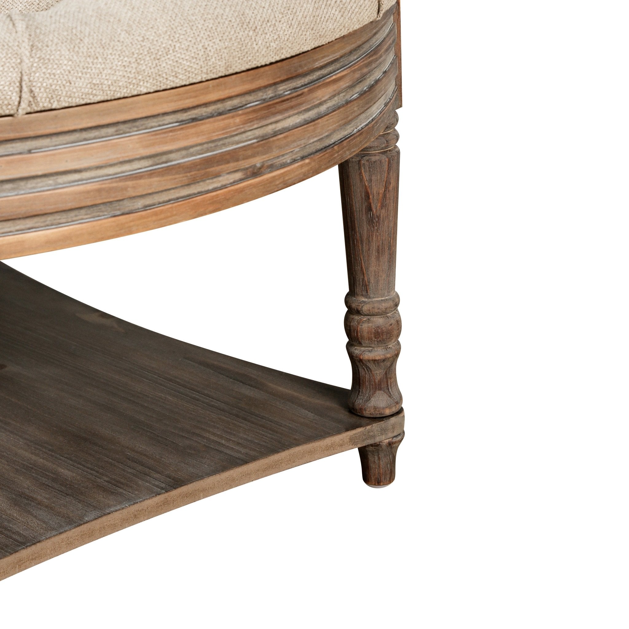 koorbiir ta2 Large Round Waterproof Ottoman Coffee Table with 2 - Tier Wooden Shelf ¨C Oversized Button Tufted Upholstered Footstool Ottoman, Farmhouse Style Table Linens (Light Gray) for Living Room - Koorbiir