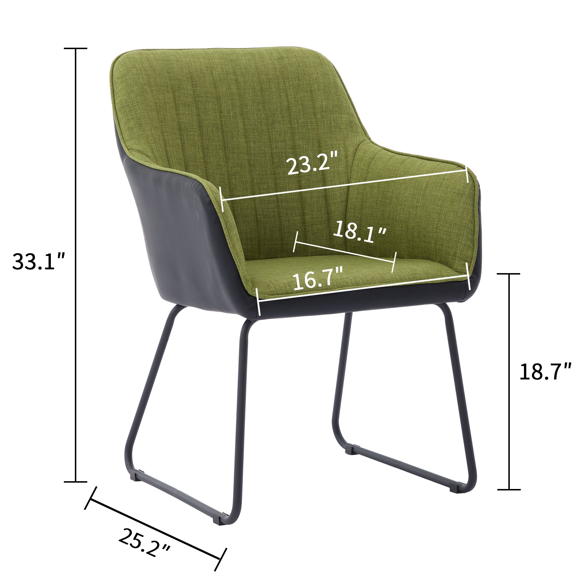 Koorbiir leisure chair dining chair, Integrated leisure armchair, modern leather splicing linen dining chair, comfortable decorative chair, metal leg cushioned office chair 1pc Green+Dark Grey