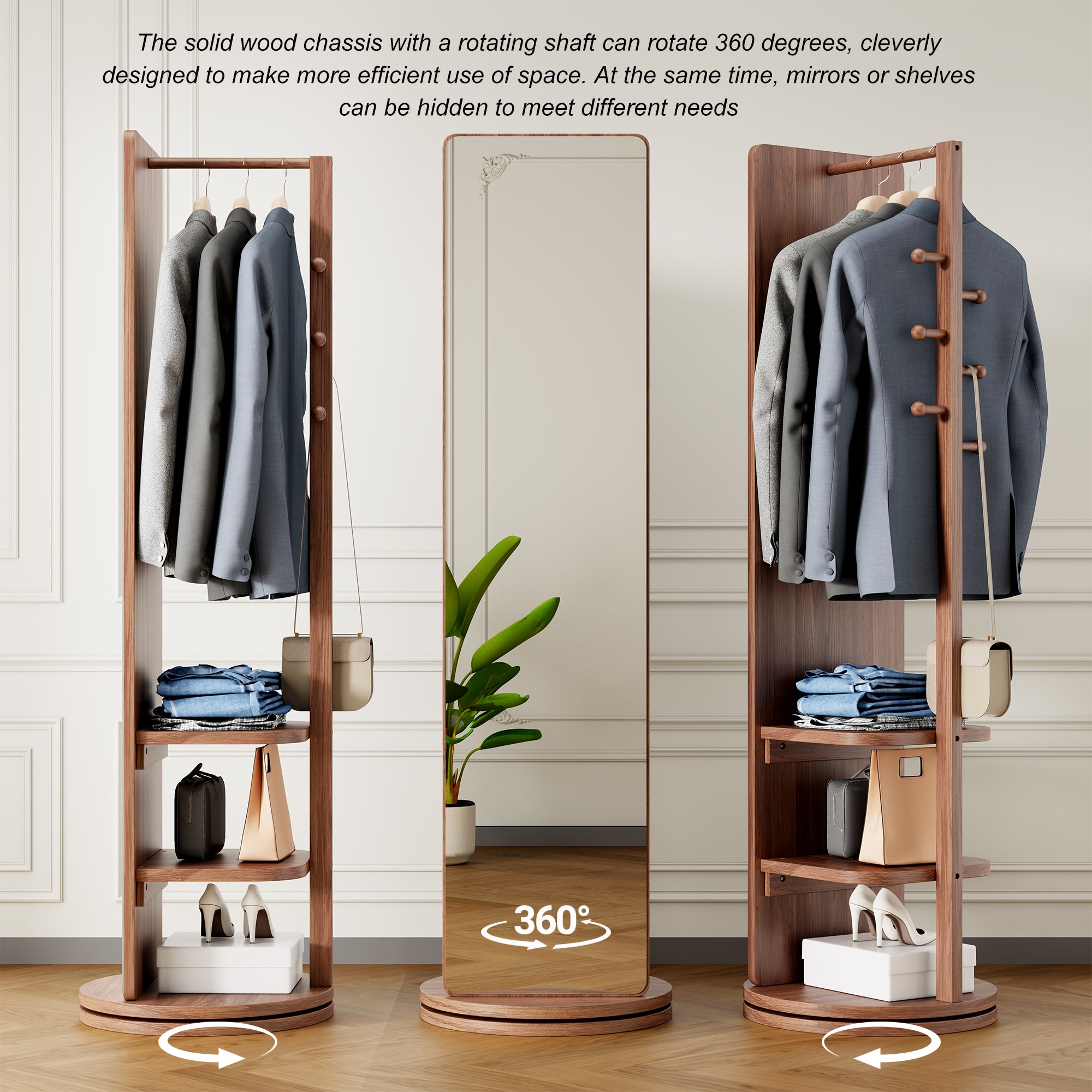 koorbiir mi1 360¡ã Rotating 66"x14" Full Length Mirror with Hook Storage Rack & Coat Rack, Solid Wood Floor Mirror for Bedroom, Living Room, Cloakroom - Space-Saving Design