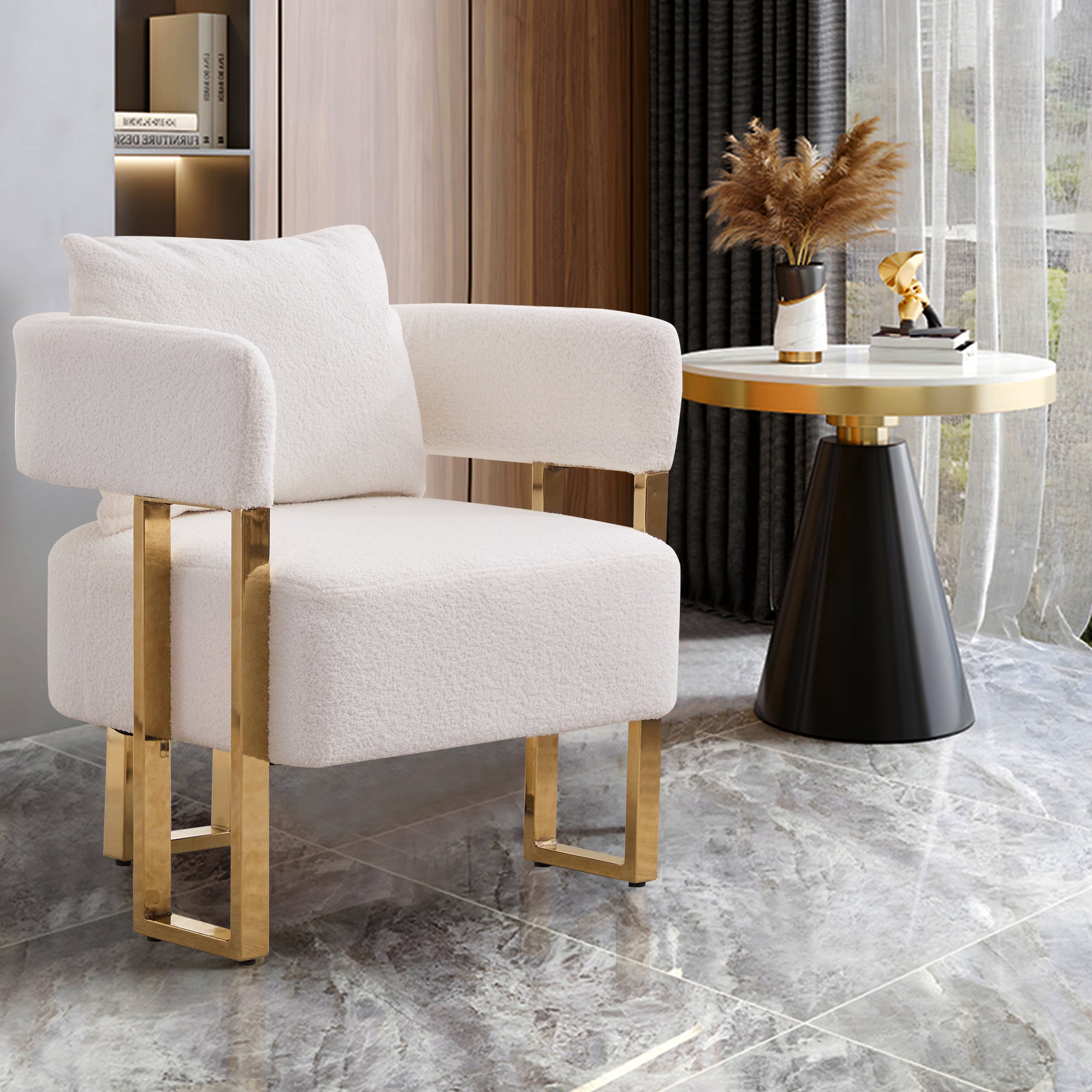 Koorbiir Modern decorative chair, living room side chair with gold metal legs, no wheels, suitable for dressing area, reception room, office,Teddy fleece upholstered metal foot sofa 1PC White