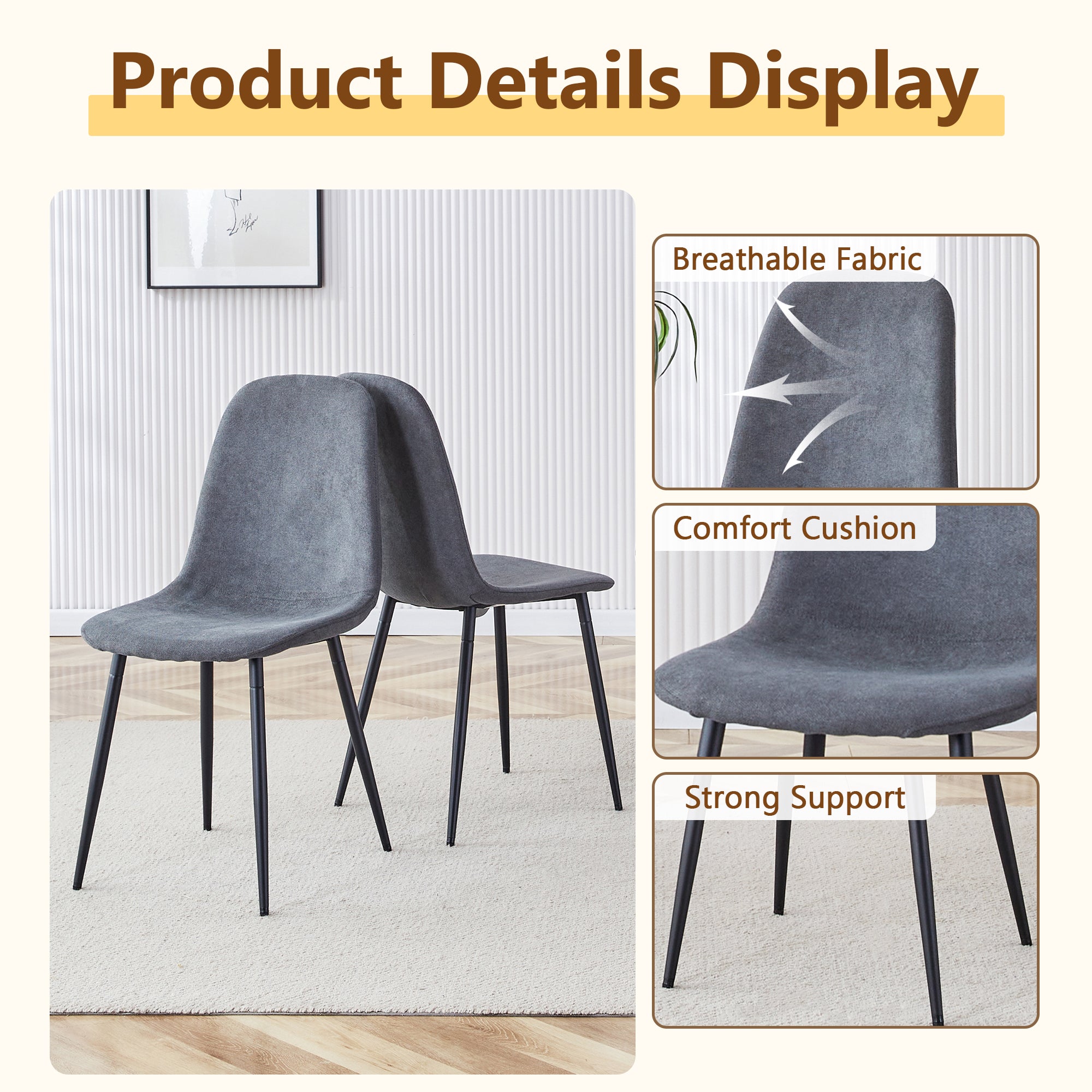 47.3" Modern Splicing Circular Dining Table with Double-Layer Storage ¨C 4 Black Linen-Cotton High-Resilience Chairs with Metal Legs, Table Linens Included