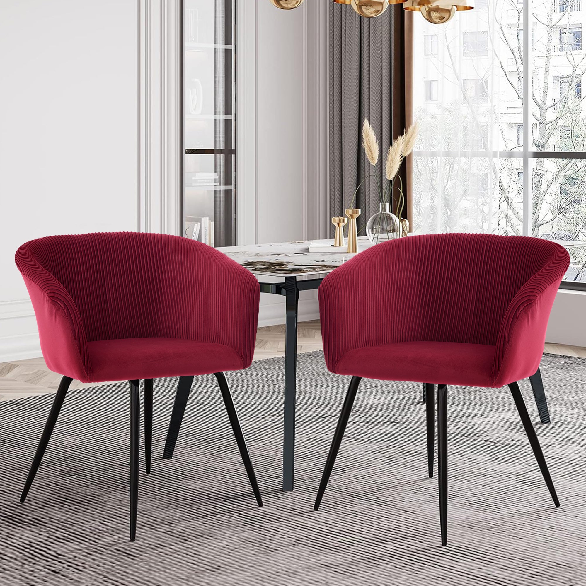 Koorbiir stripe dinding chair,Modern velvet kitchen chairs with armrests, cushioned bucket dining chairs, wheel less decorative chairs, dressing table chairs, 1PC Wine Red