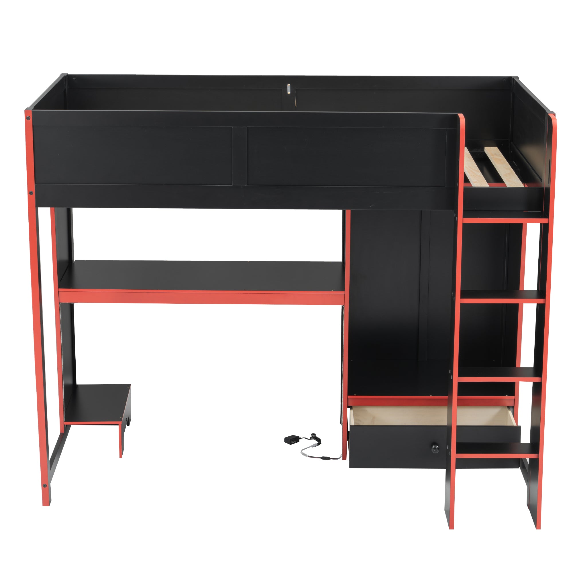 koorbiir G1 Wood Full-Size Gaming Loft Bed with Built-In Gaming Desk, Wardrobe, LED Lighting & Drawer ¨C Black