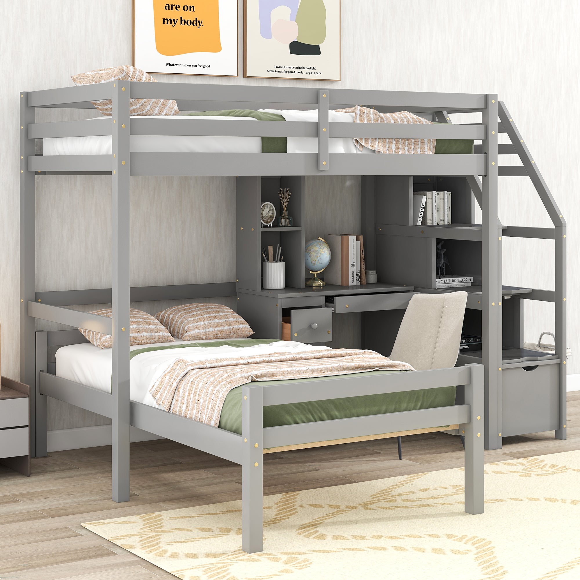 koorbiir d3 Multifunctional Loft Bunk Bed with Twin Bed, Storage Staircase, Standing Desk, Drawers & Shelves ¨C Gray