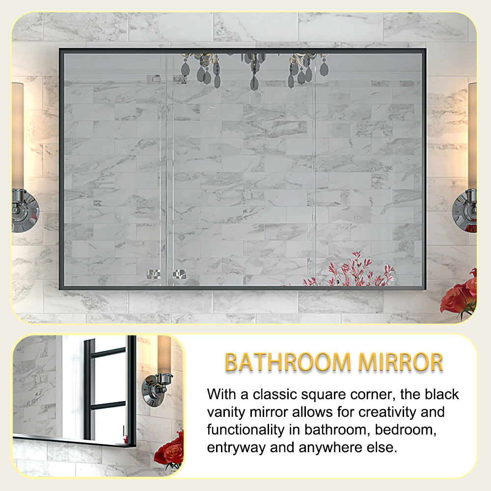 koorbiir mi5 36x24 Black Rectangular Bathroom Mirror, Square Angle Metal Frame, Wall-Mounted Mirror for Bathroom (Horizontal & Vertical Mount)