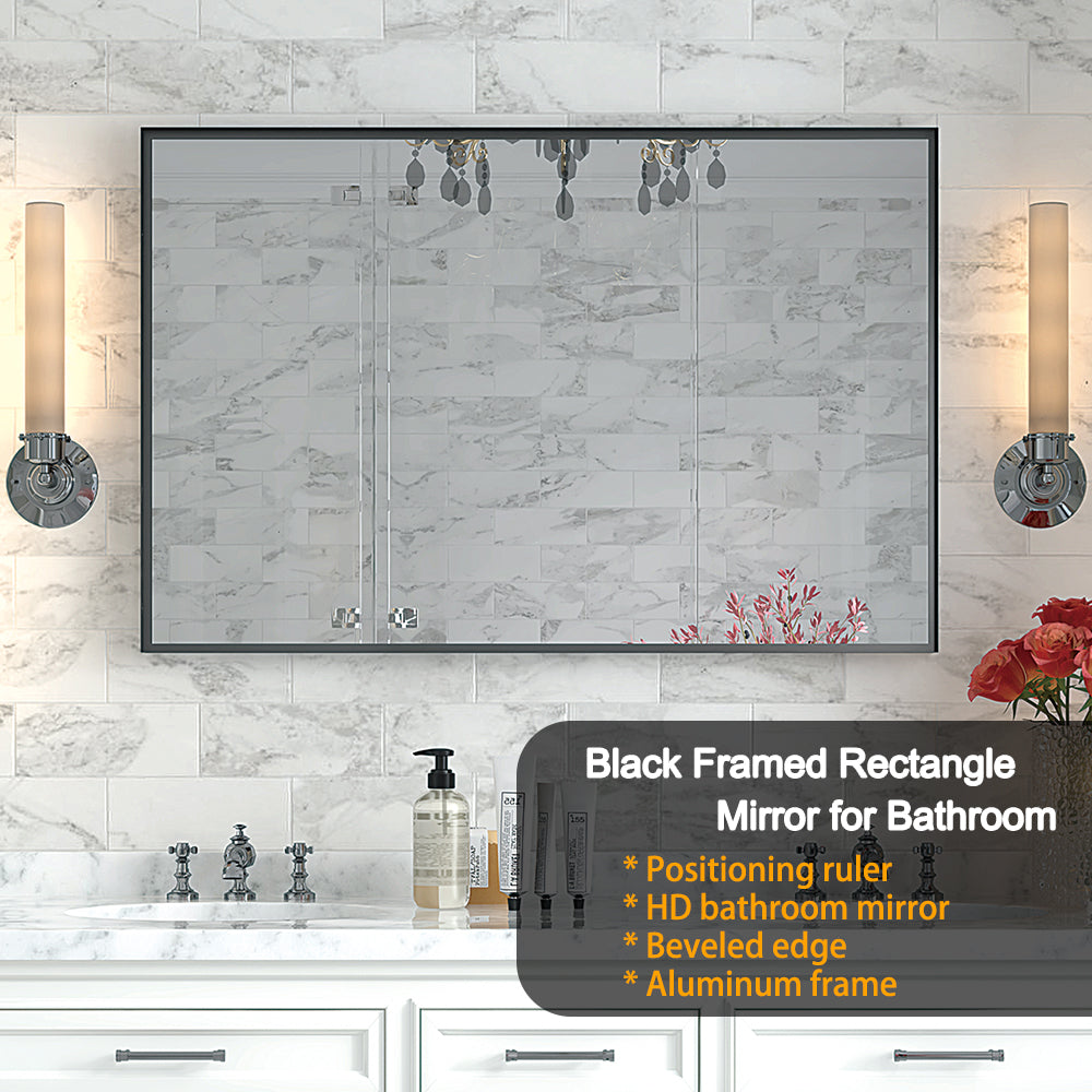 koorbiir mi4 40x30 Glossy Black Bathroom Mirror, Rectangular Vanity Mirror with Modern Metal Frame, Decorative Square Corner Mirror for Wall (Horizontal & Vertical Mount)