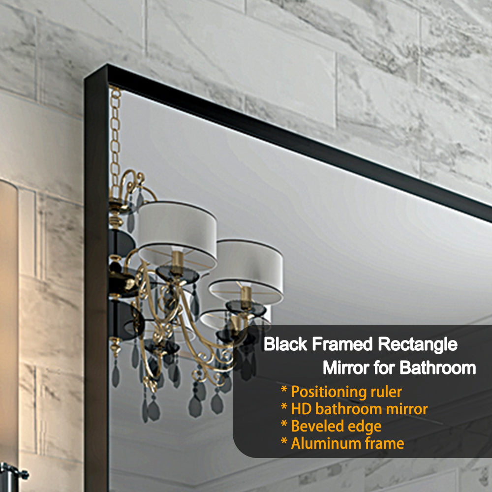 koorbiir mi4 40x30 Glossy Black Bathroom Mirror, Rectangular Vanity Mirror with Modern Metal Frame, Decorative Square Corner Mirror for Wall (Horizontal & Vertical Mount)