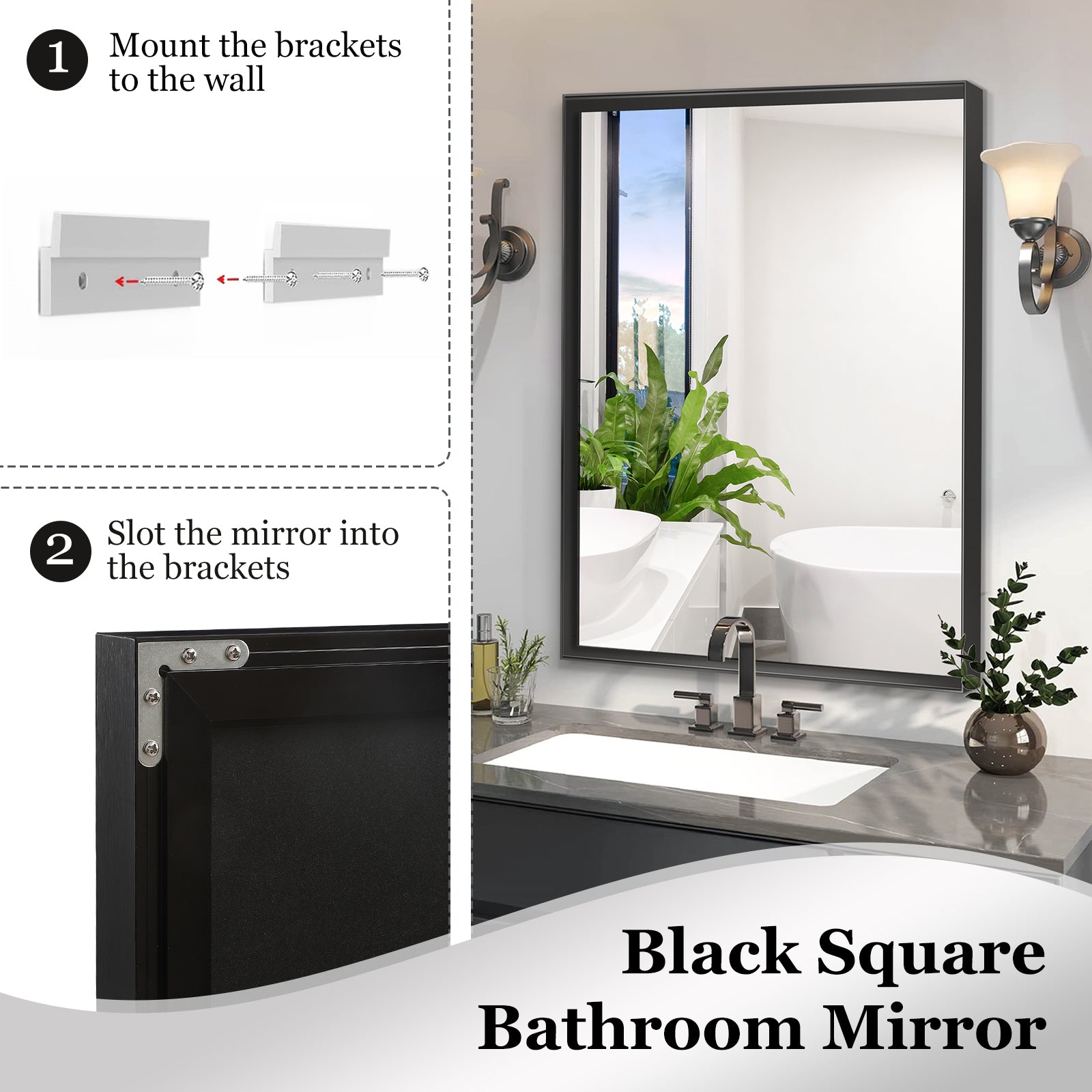 koorbiir mi4 40x30 Glossy Black Bathroom Mirror, Rectangular Vanity Mirror with Modern Metal Frame, Decorative Square Corner Mirror for Wall (Horizontal & Vertical Mount)