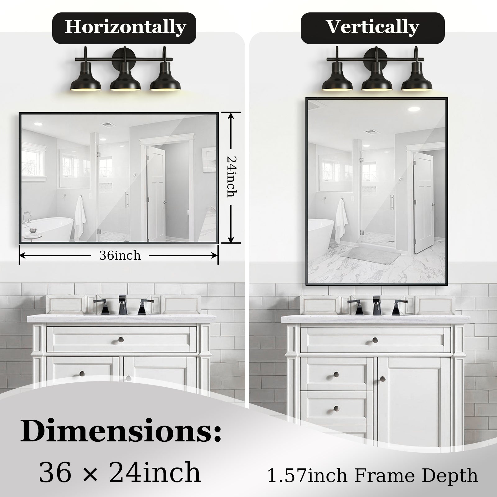 koorbiir mi5 36x24 Black Rectangular Bathroom Mirror, Square Angle Metal Frame, Wall-Mounted Mirror for Bathroom (Horizontal & Vertical Mount)