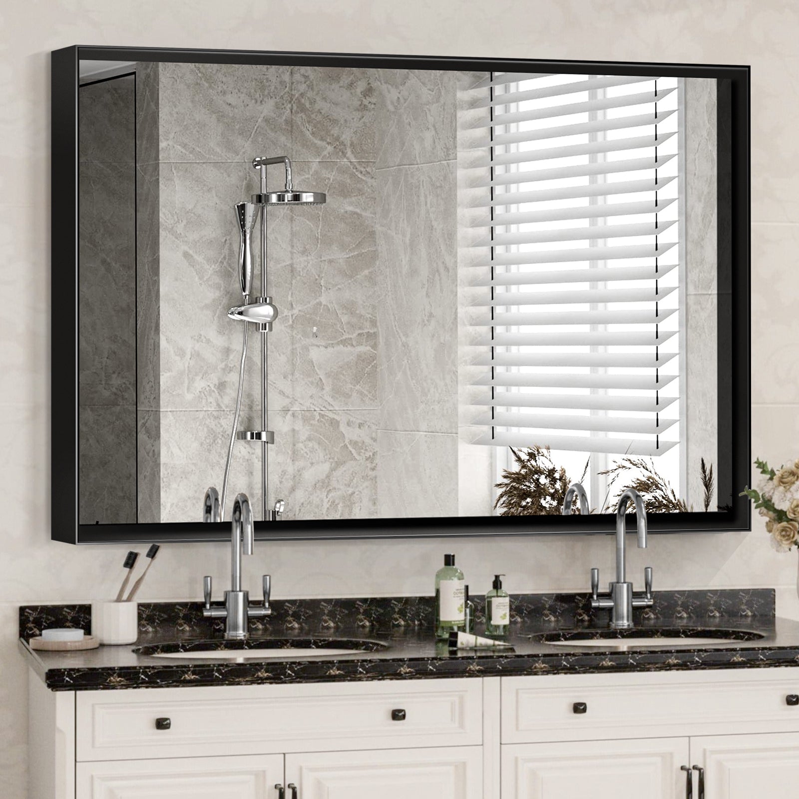 koorbiir mi5 36x24 Black Rectangular Bathroom Mirror, Square Angle Metal Frame, Wall-Mounted Mirror for Bathroom (Horizontal & Vertical Mount)