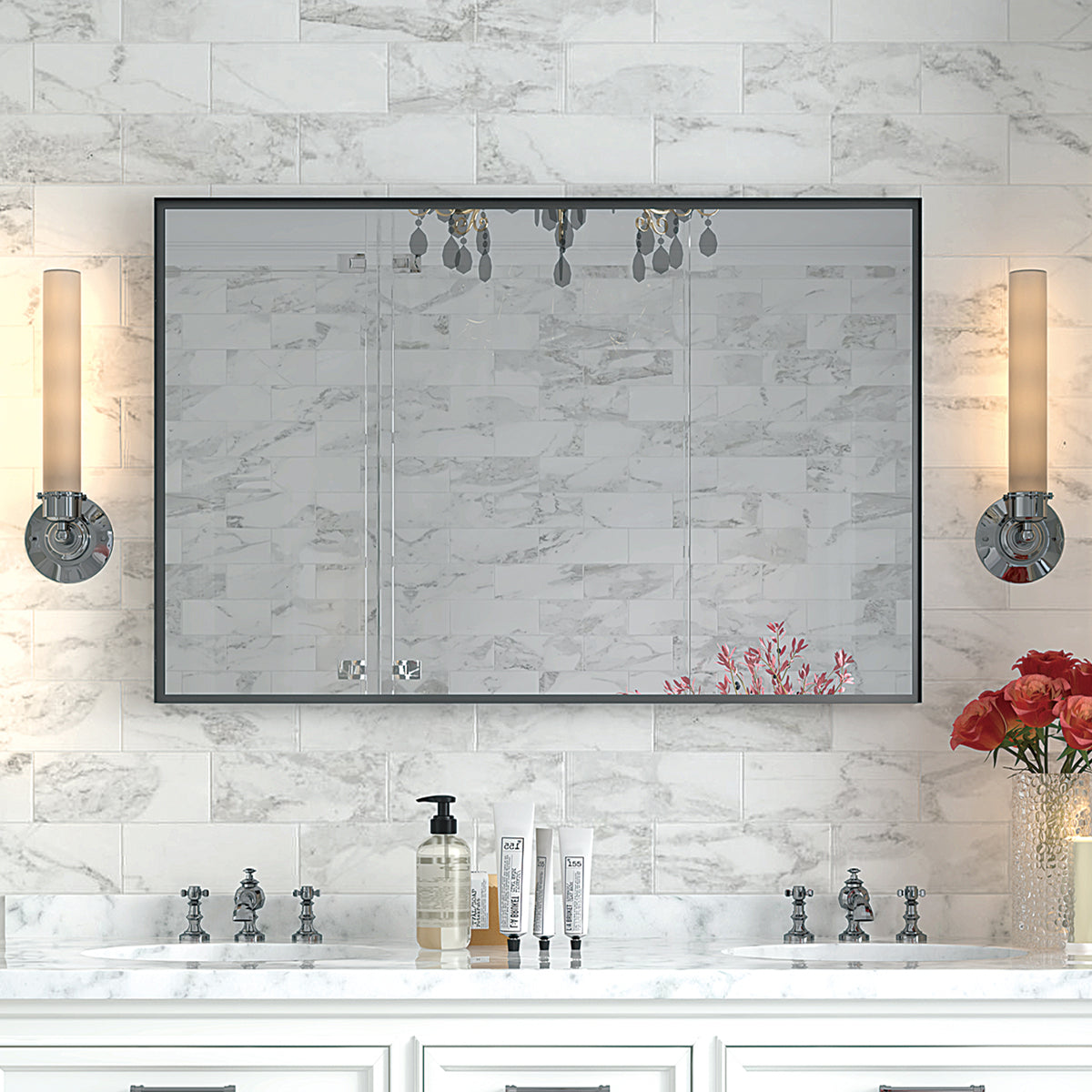 koorbiir mi4 40x30 Glossy Black Bathroom Mirror, Rectangular Vanity Mirror with Modern Metal Frame, Decorative Square Corner Mirror for Wall (Horizontal & Vertical Mount)