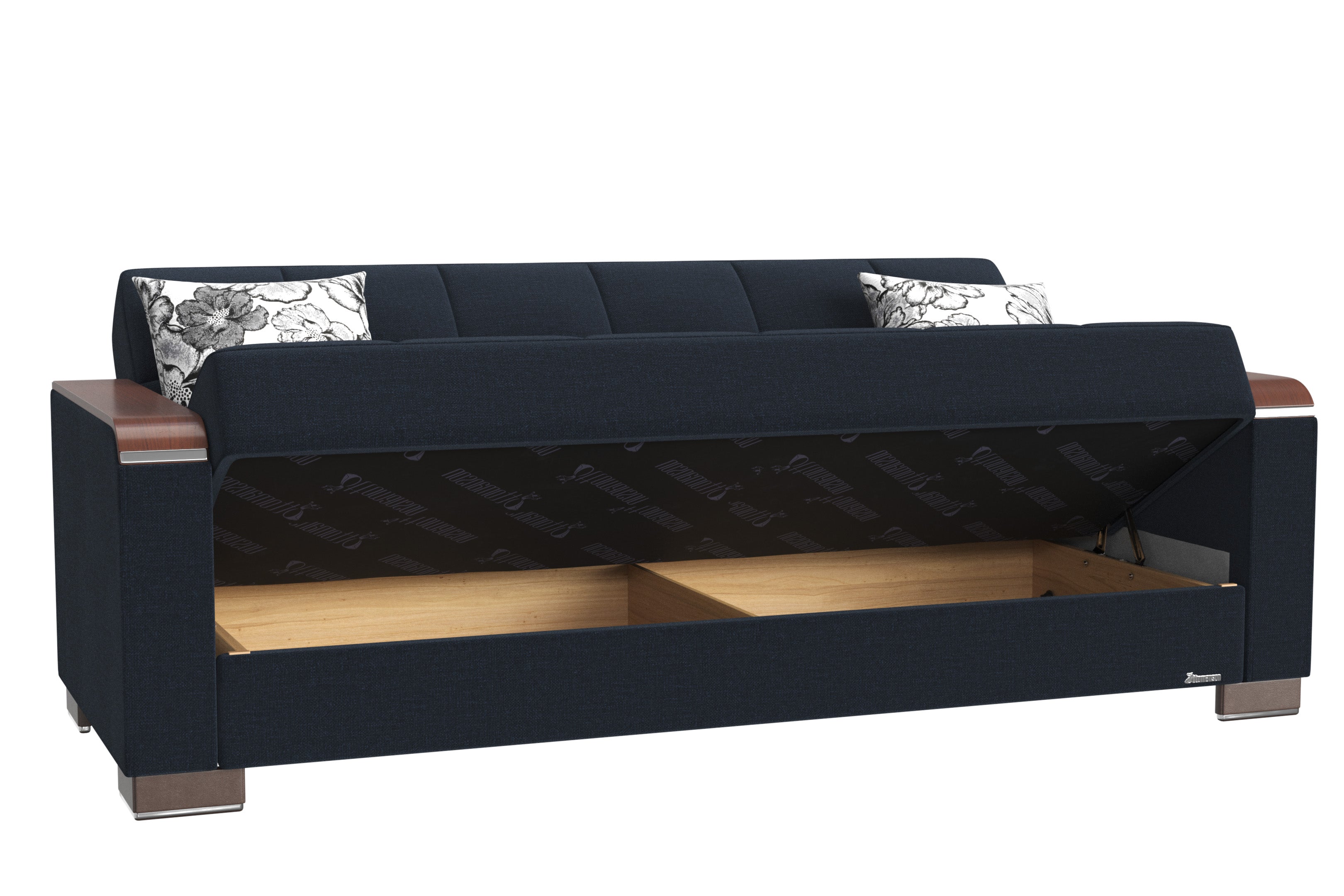 PrimeNest ZenAero Collection Convertible Wood Trimmed Upholstered Sofabed with Storage, Dark Blue Polyester Sleeper Sofa Bed for Small Spaces Living Room Furniture