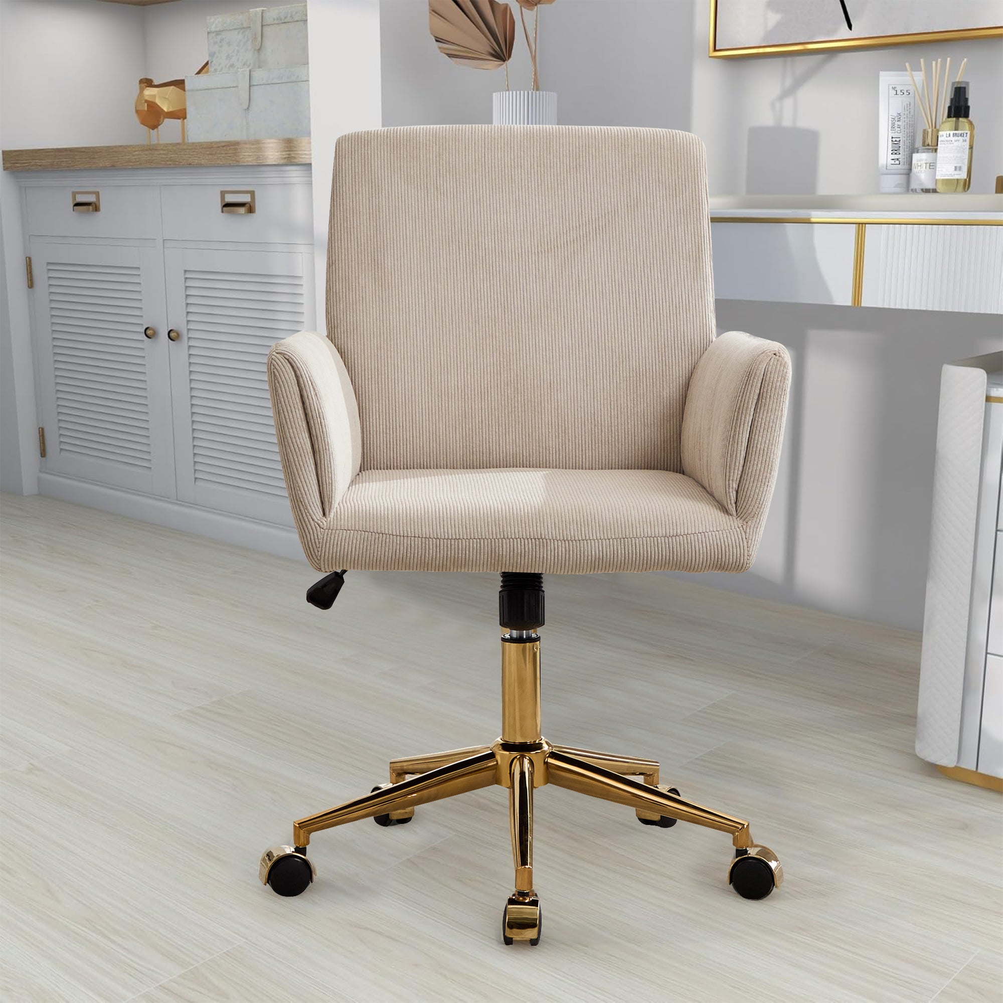 TS Corduroy home decor office desk and chair, modern height adjustable 360 ° armchair with gold base, ergonomic computer chair, leisure chair 1pc creamy white