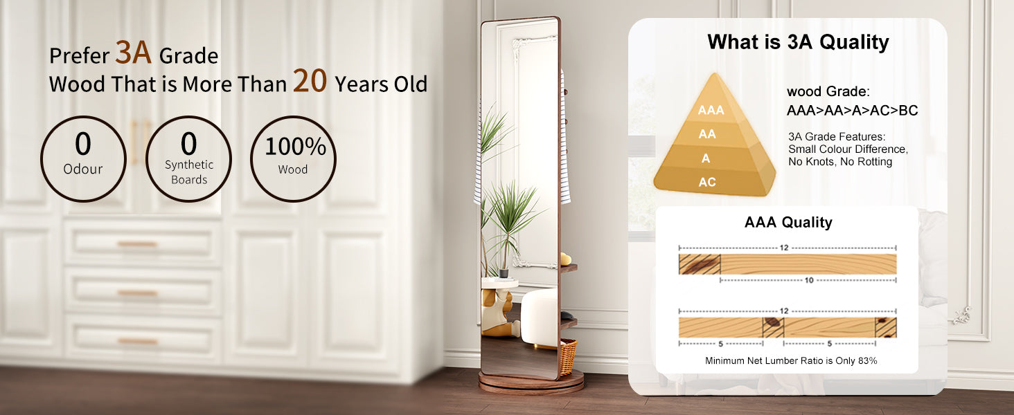 koorbiir mi1 360¡ã Rotating 66"x14" Full Length Mirror with Hook Storage Rack & Coat Rack, Solid Wood Floor Mirror for Bedroom, Living Room, Cloakroom - Space-Saving Design