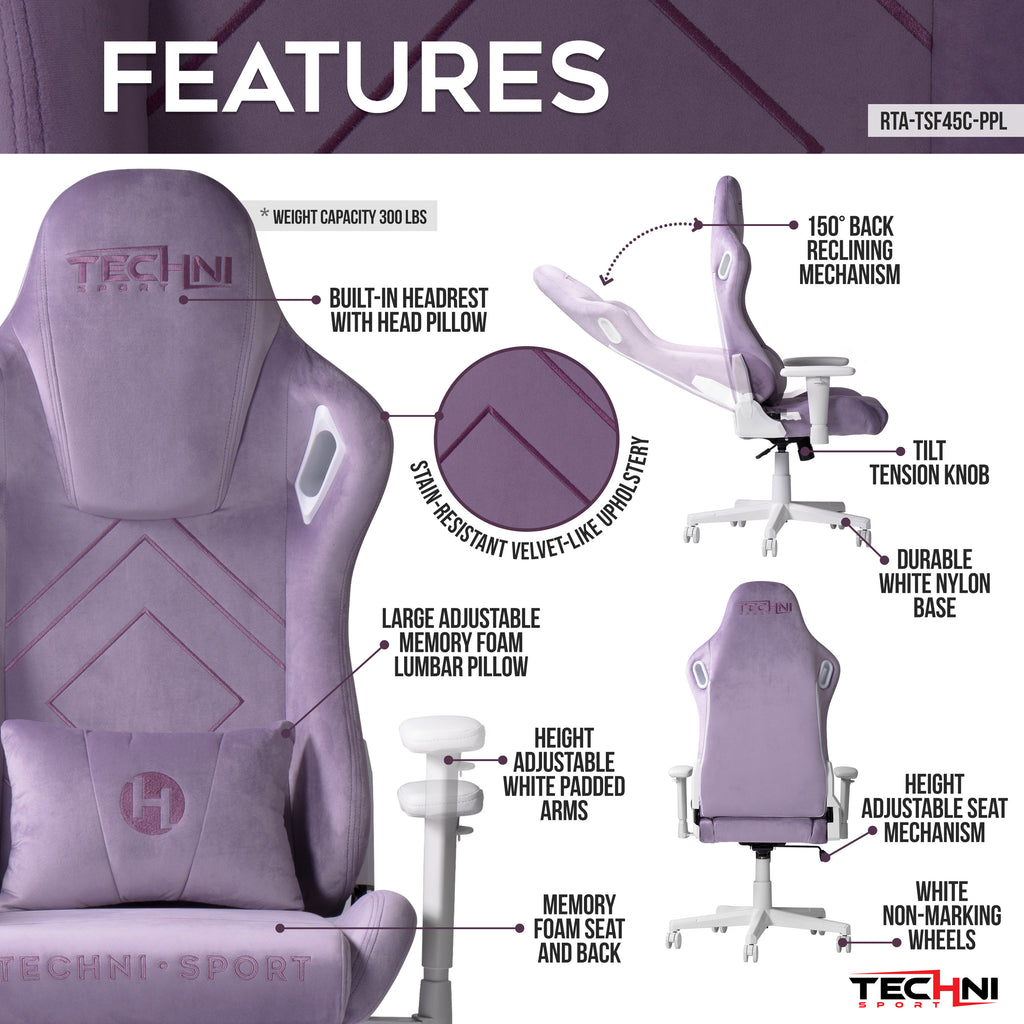 Sport Velvet Memory Foam Gaming Chair – Purple