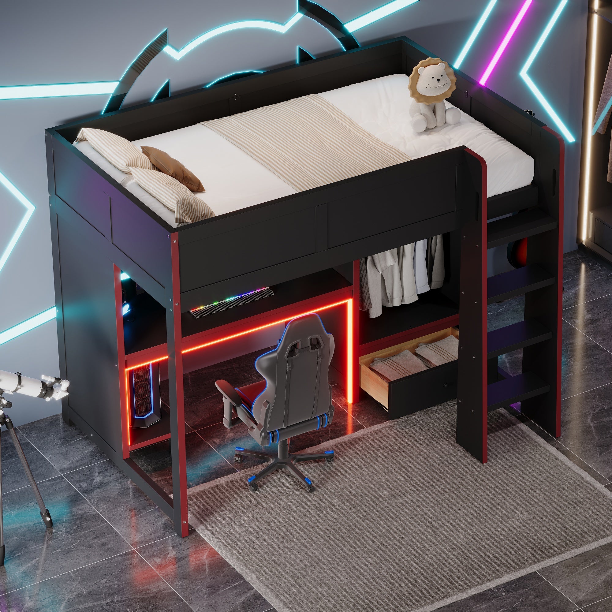 koorbiir G1 Wood Full-Size Gaming Loft Bed with Built-In Gaming Desk, Wardrobe, LED Lighting & Drawer ¨C Black