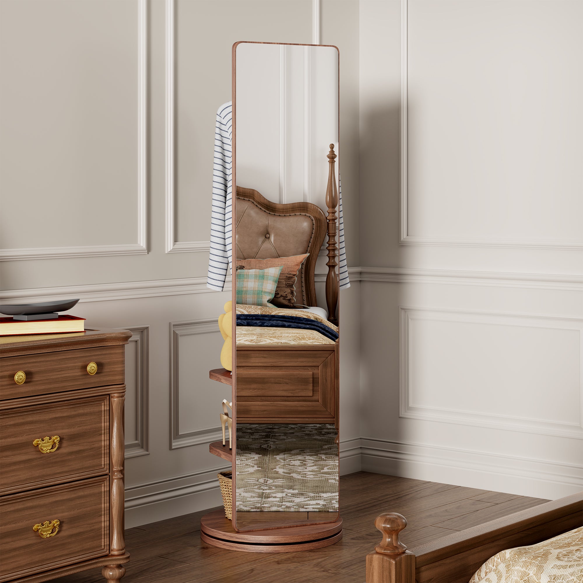 koorbiir mi1 360¡ã Rotating 66"x14" Full Length Mirror with Hook Storage Rack & Coat Rack, Solid Wood Floor Mirror for Bedroom, Living Room, Cloakroom - Space-Saving Design
