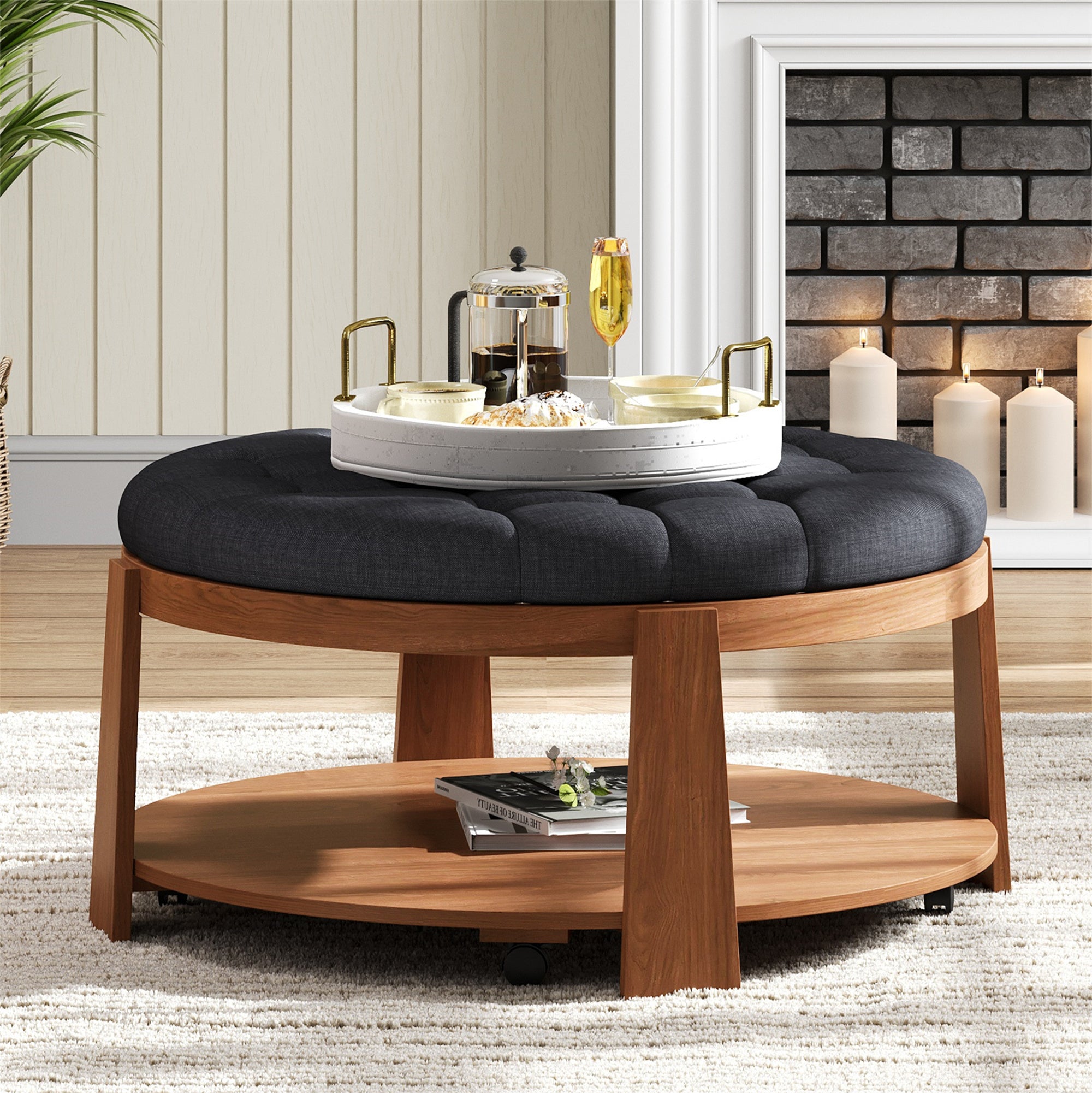 koorbiir ta1 Modern Large Round Ottoman Coffee Table with 2-Tier Wood Shelf Storage ¨C Oversized Button Tufted Upholstered Footrest Ottoman on Wheels, Waterproof Table Linens for Living Room