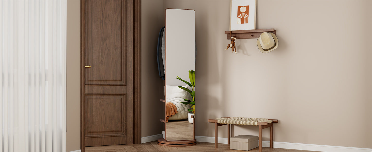 koorbiir mi1 360¡ã Rotating 66"x14" Full Length Mirror with Hook Storage Rack & Coat Rack, Solid Wood Floor Mirror for Bedroom, Living Room, Cloakroom - Space-Saving Design