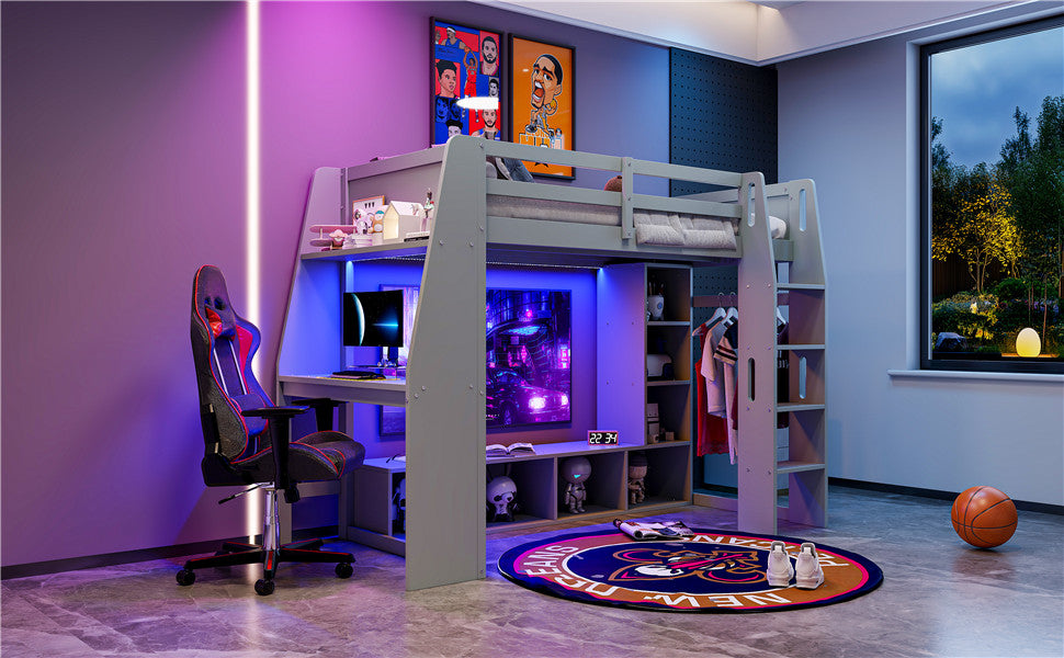 koorbiir G4 Wood Full Size Gaming Loft Bed with Built-In Gaming Desk, Multi-Storage Shelves, LED & Hanging Clothes Rack ¨C Gray