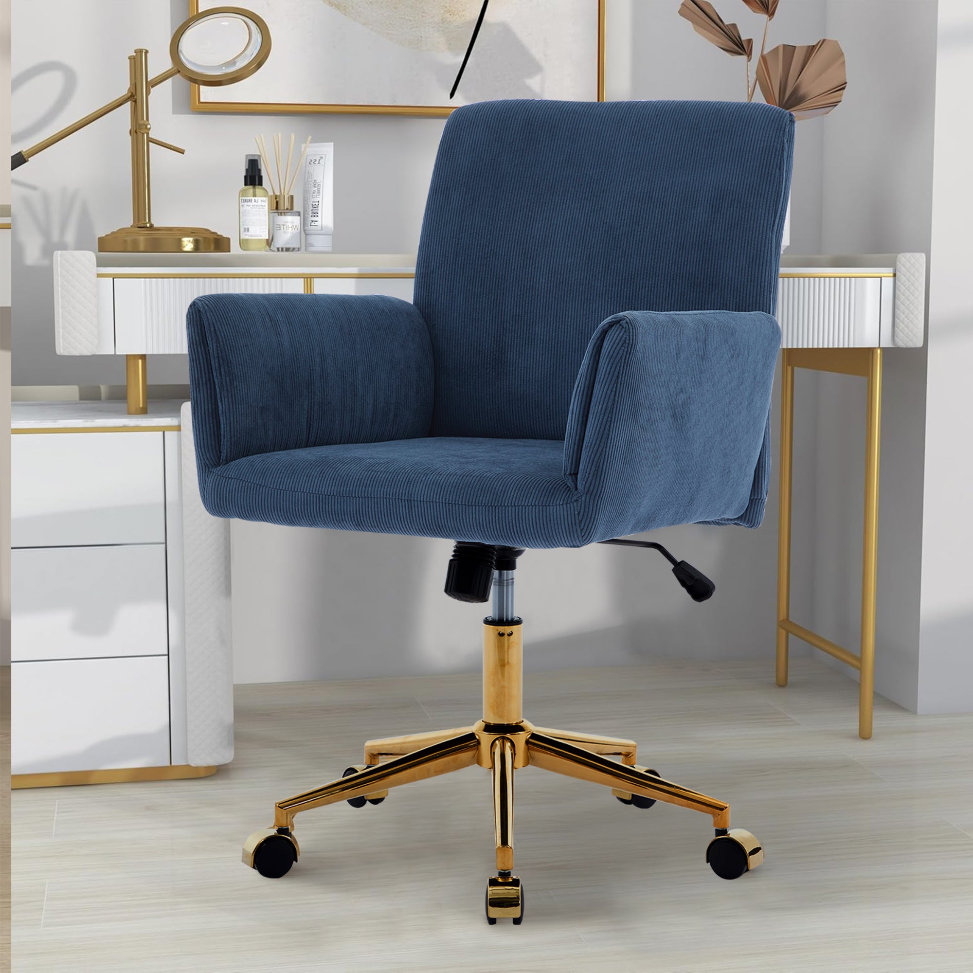 Koorbiir Corduroy home decor office desk and chair, modern height adjustable 360 ° armchair with gold base, ergonomic computer chair, leisure chair 1pc Blue