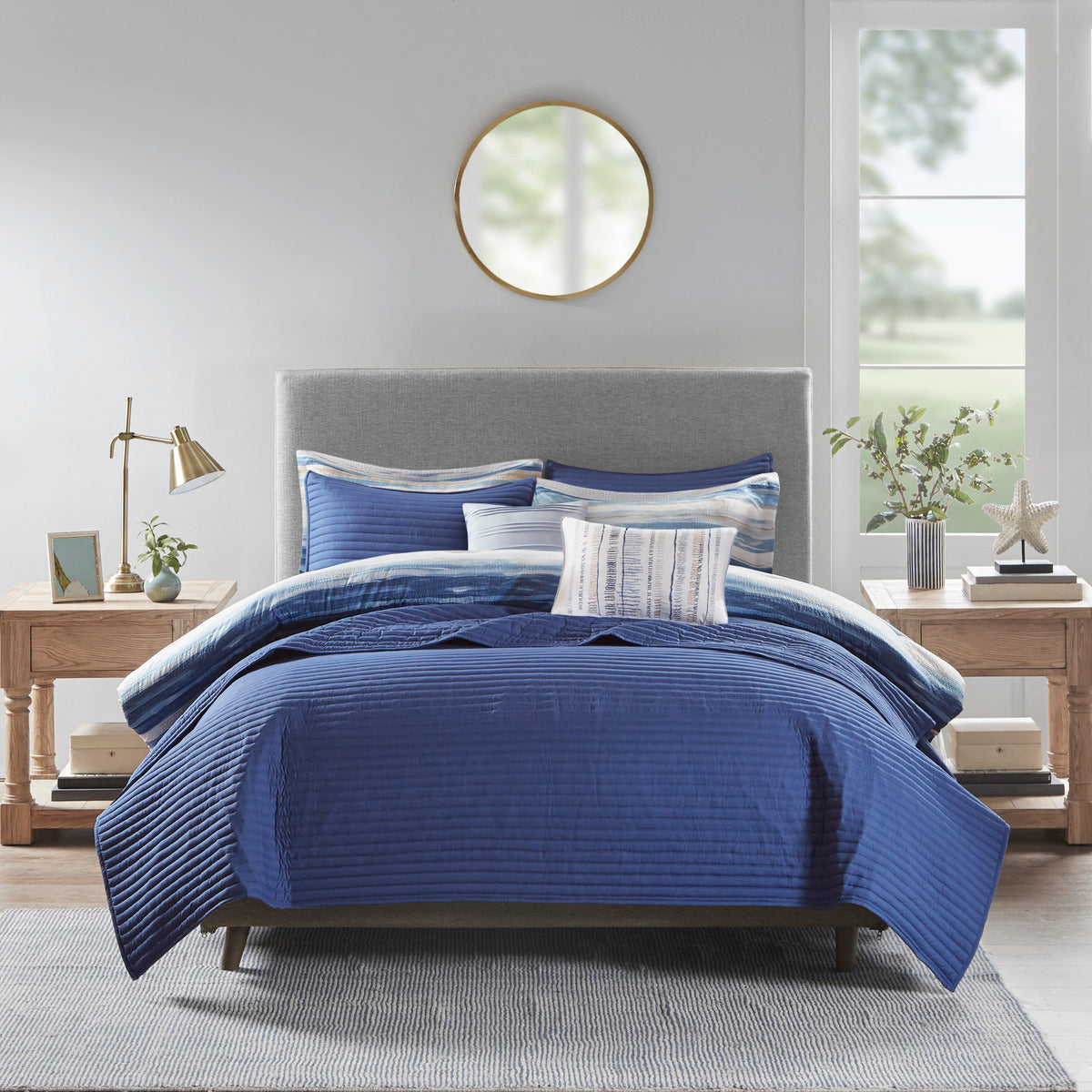 8-Piece Blue Seersucker Comforter & Quilt Set ¨C King/Cal King Bedding Collections with Decorative Pillows & Shams