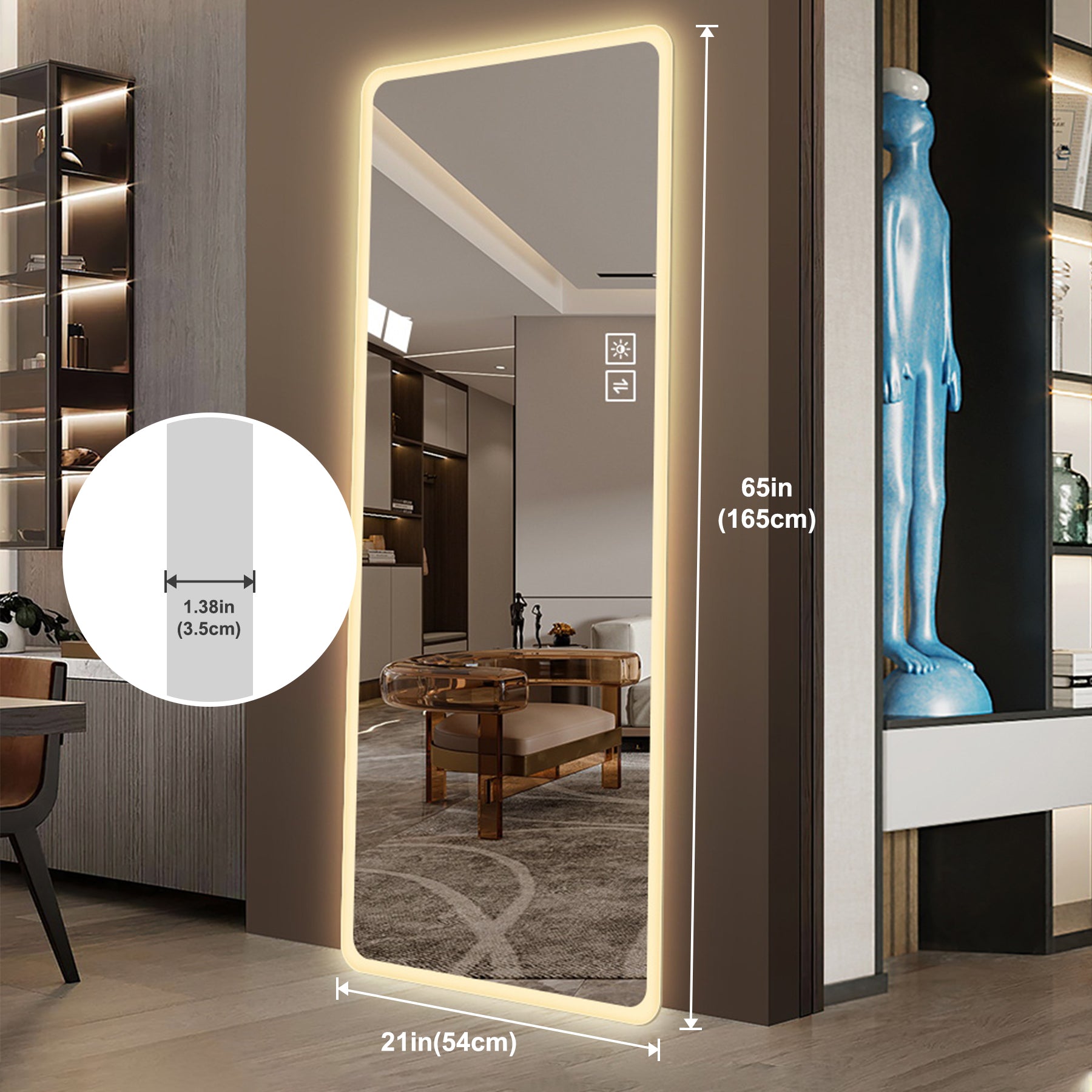 koorbiir mi6 65x24 Full Length LED Floor Mirror, Wall-Mounted Body Mirror with Dimming & 3 Color Modes for Bedroom, Full-Size Mirror with Integrated Lights
