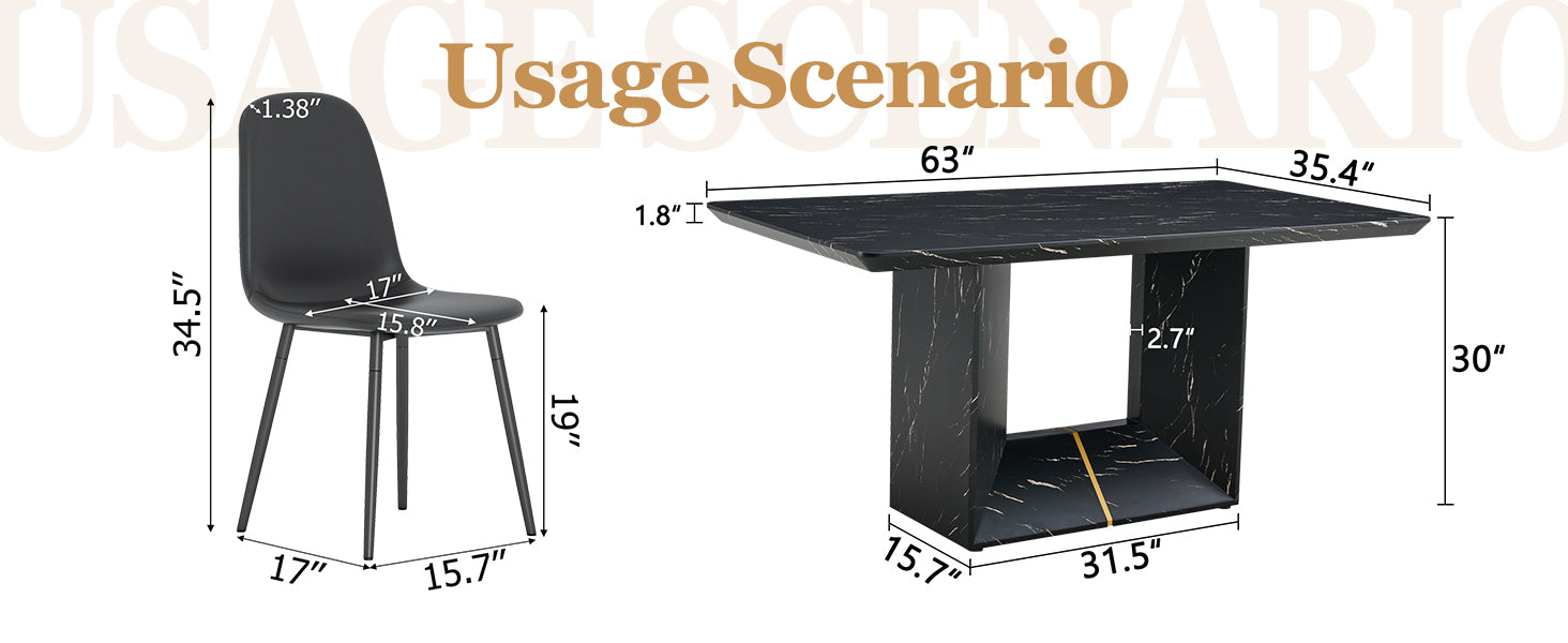 63" x 35.4" Black Marble Pattern Dining Table Set with 4 Dark Gray Linen Chairs ¨C Modern MDF Table with O-Shaped Legs, Metal Frame & Table Linens for Kitchen or Dining Room