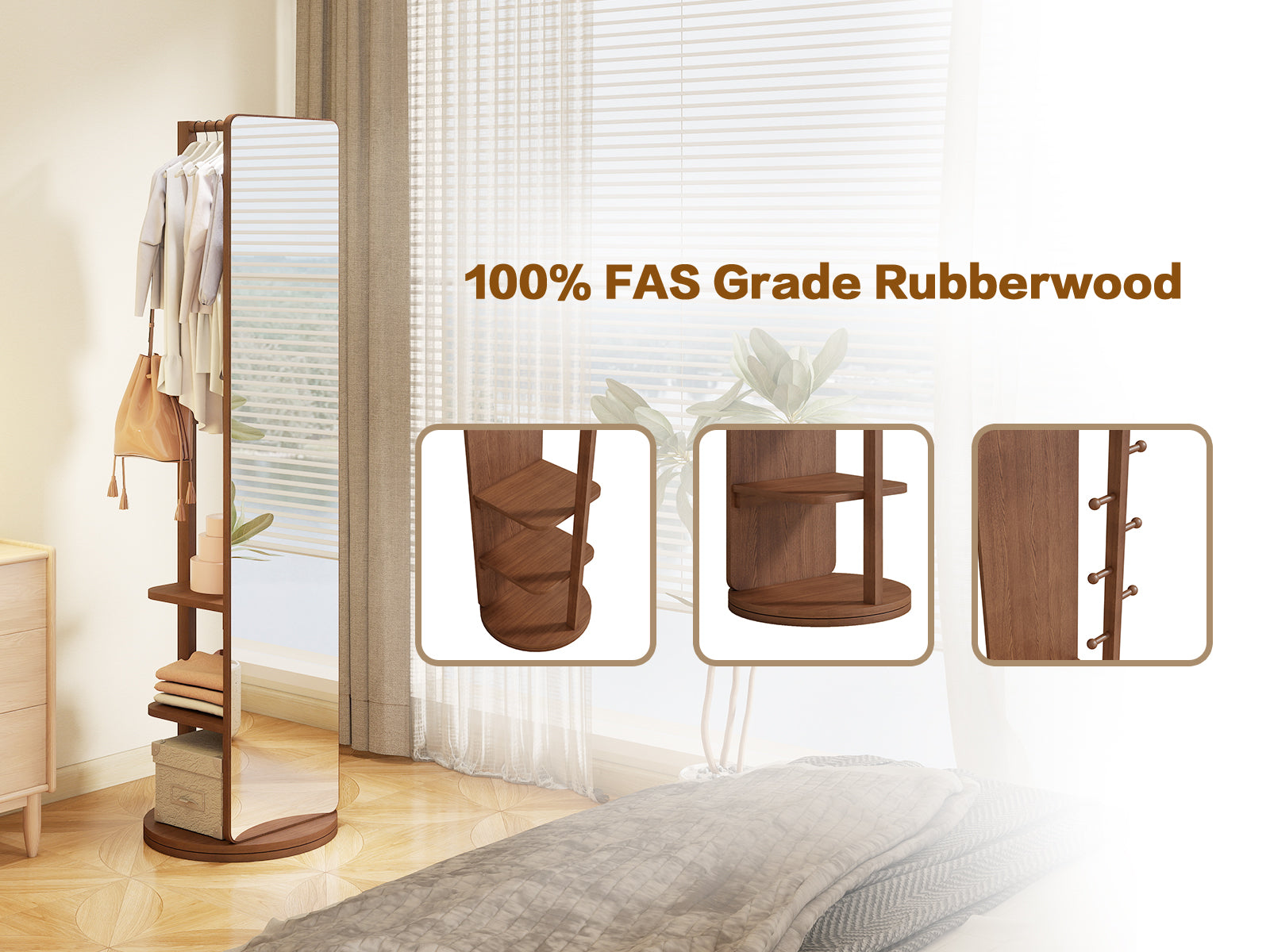 koorbiir mi1 360¡ã Rotating 66"x14" Full Length Mirror with Hook Storage Rack & Coat Rack, Solid Wood Floor Mirror for Bedroom, Living Room, Cloakroom - Space-Saving Design