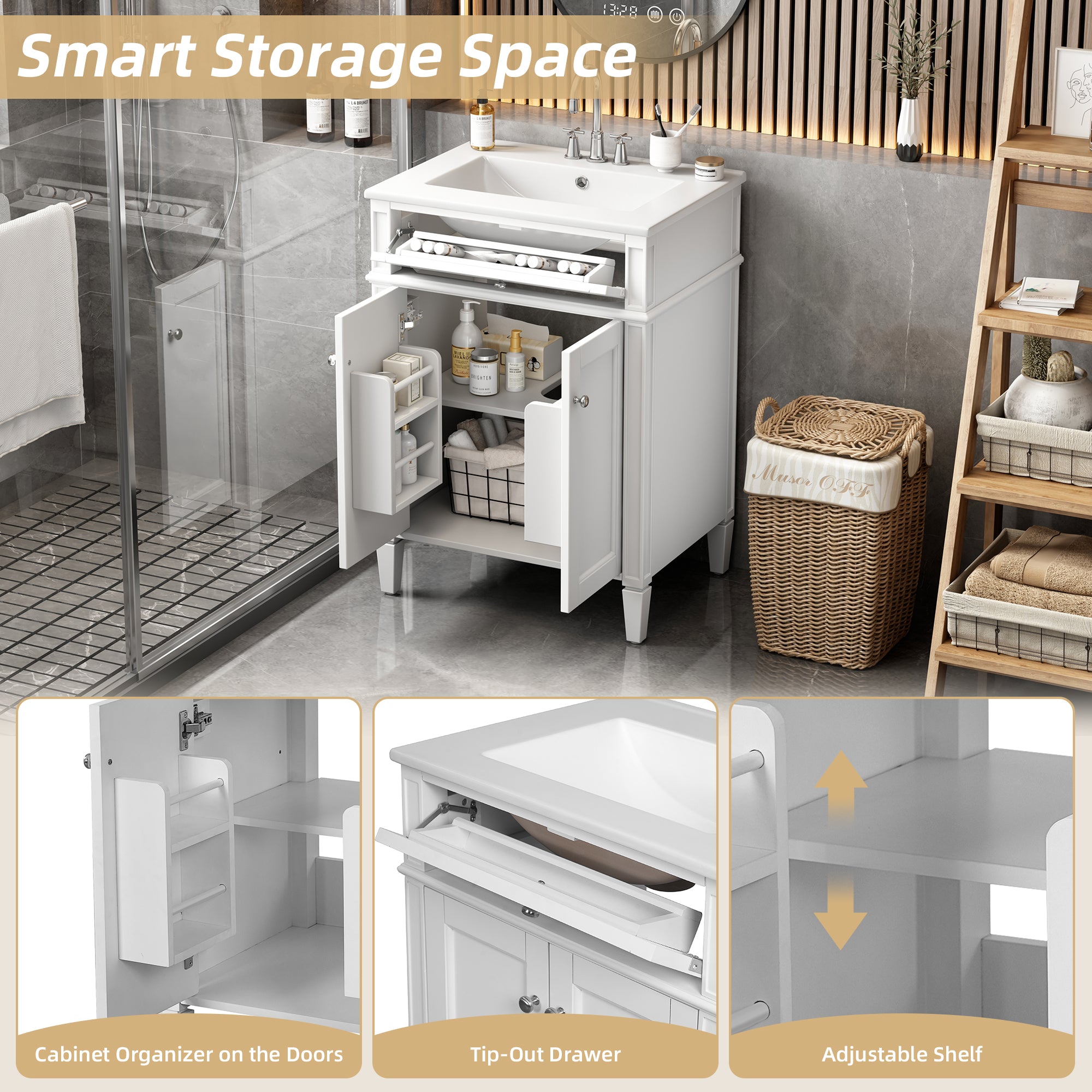 24 Bathroom Vanity Cabinet with Sink ¨C Soft-Closing Doors, Tip-Out Drawer & Organizers for Bathroom Organization
