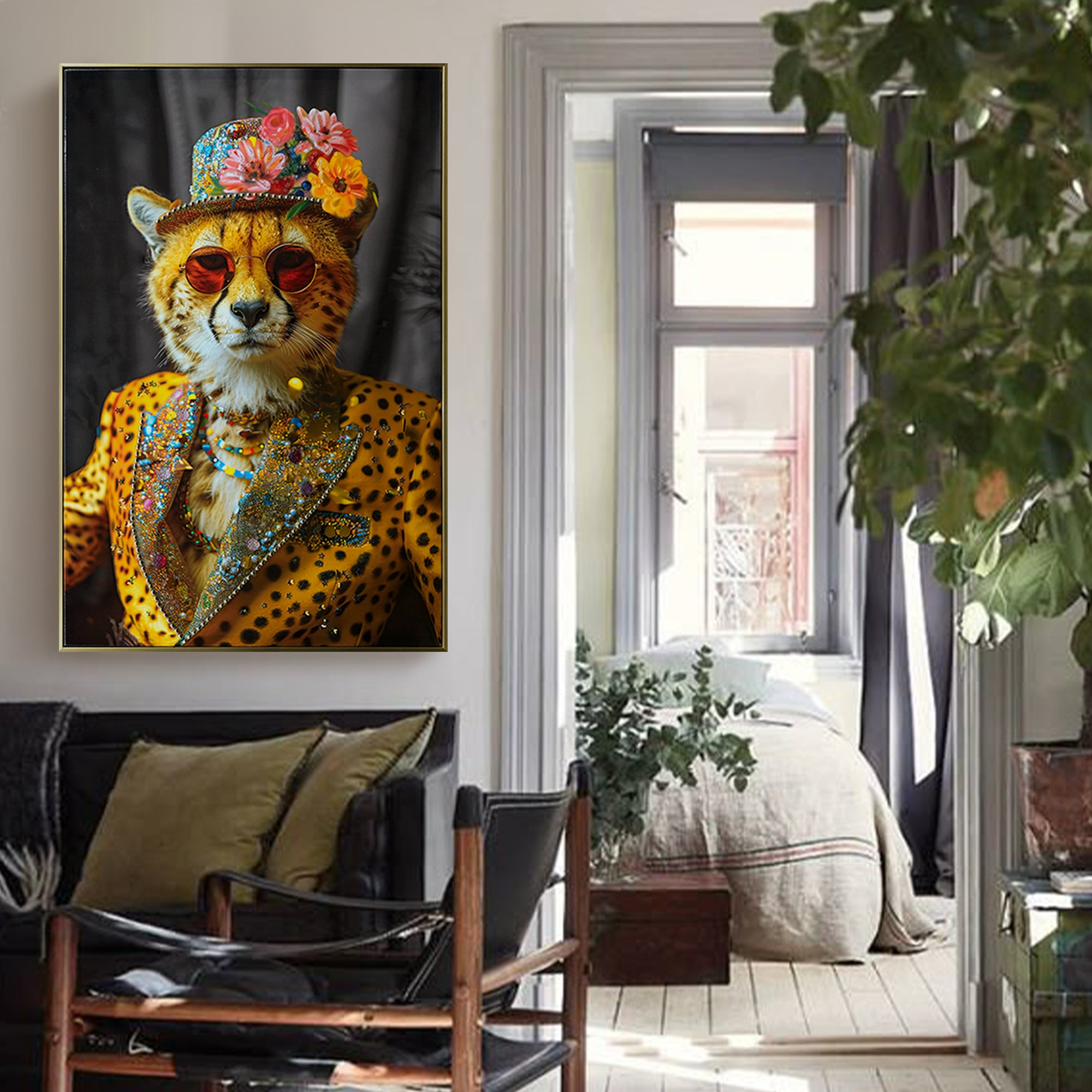 koorbiir W1 Abstract Cheetah Wall Art ¨C Modern Leopard Print Canvas Painting with Sunglasses, Hat & Flowers for Living Room, Bedroom & Office Decor