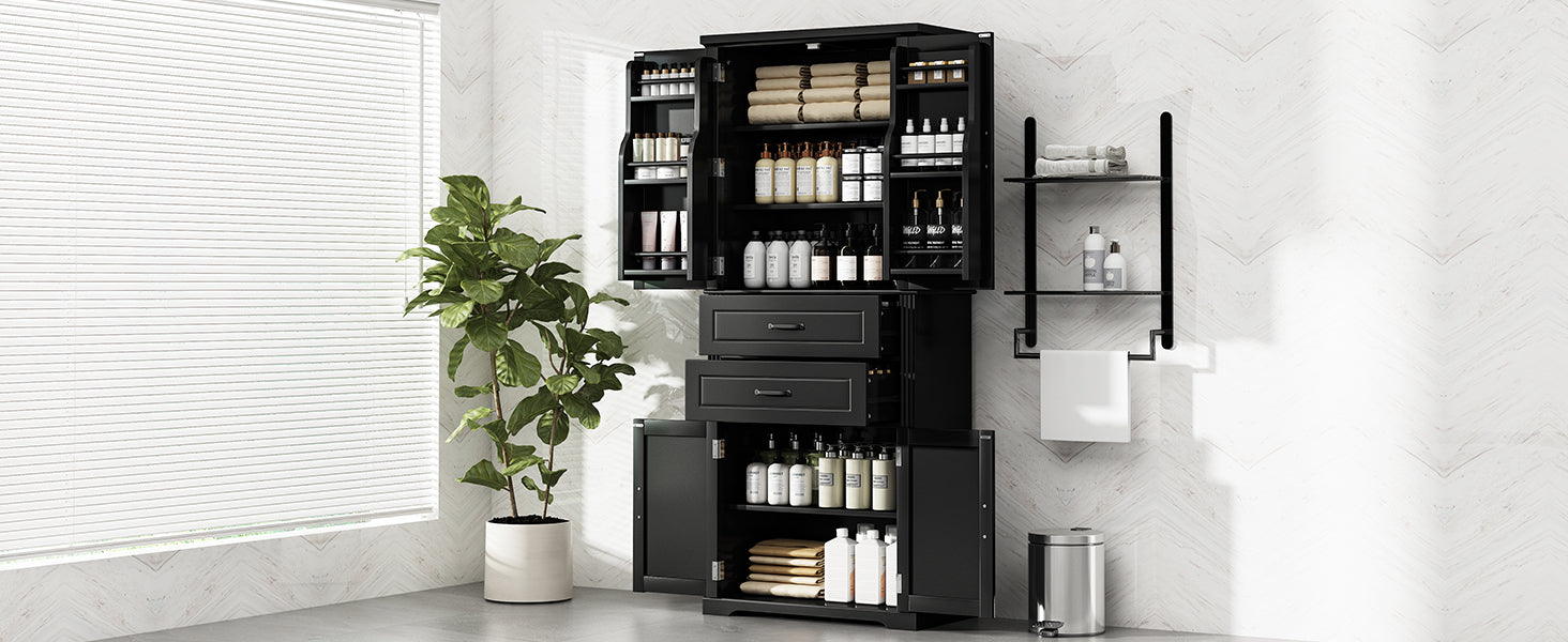 koorbiir k8 Black Storage Cabinet with Adjustable Shelves and 2 Smooth-Gliding Drawers ¨C Multi-Functional Kitchen, Bathroom, Dining, and Living Room Storage Solution