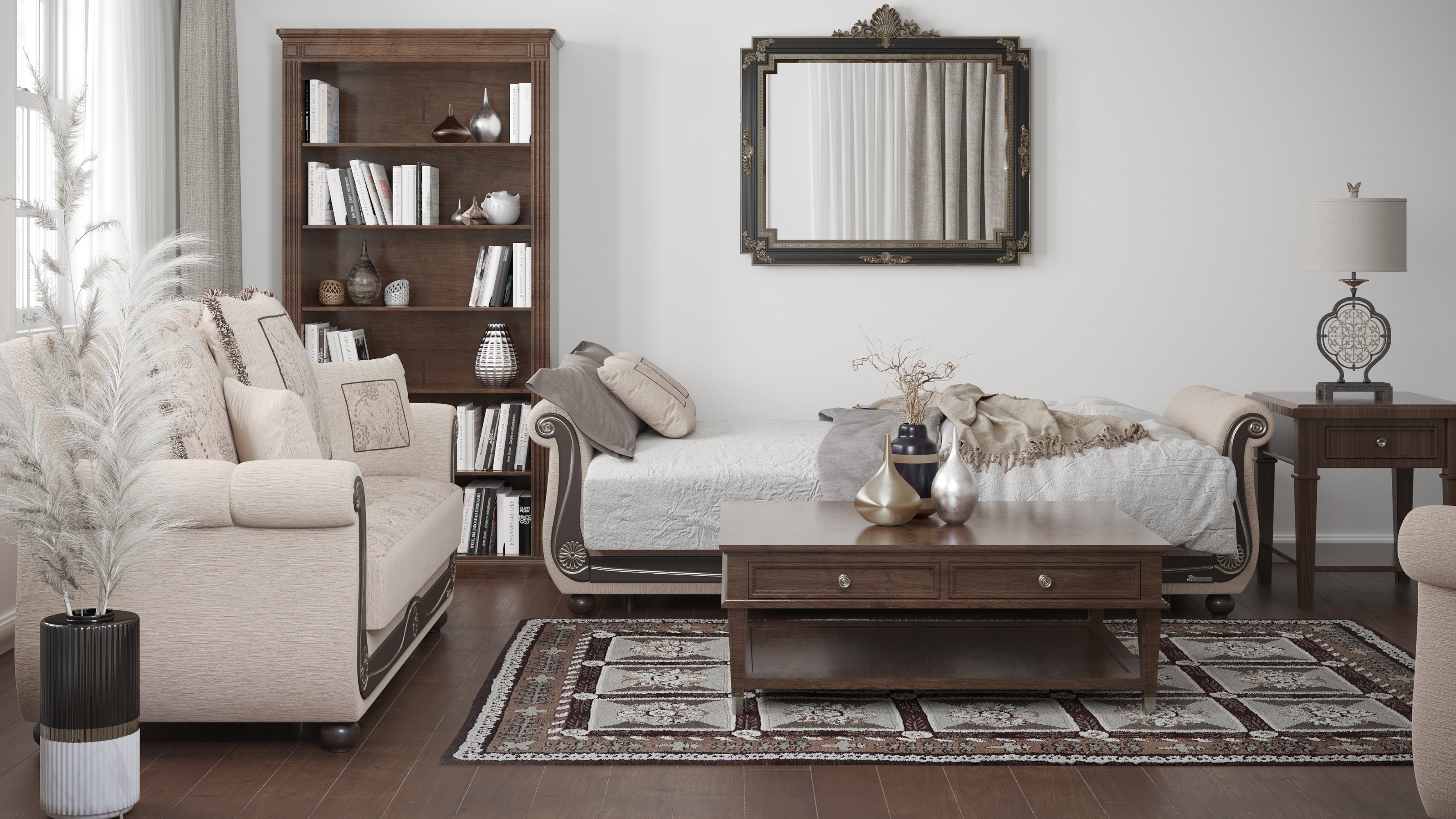 PrimeNest Timberline Collection Convertible Sofabed with Storage, Upholstered Sleeper Sofa Bed Beige ¨C Bedding Collections for Living Room & Small Spaces