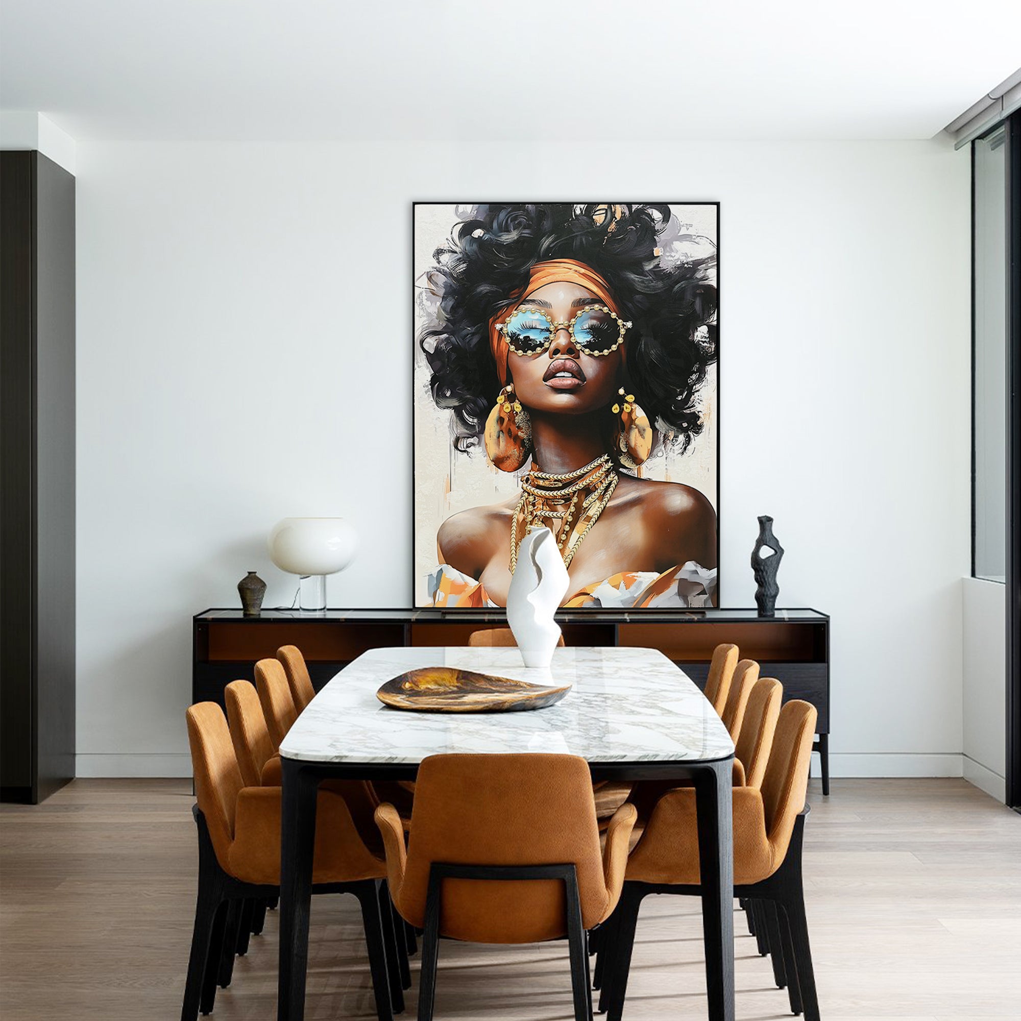 koorbiir w2 Black Girl Wall Art ¨C African American Woman with Curly Hair, Orange Headwrap, Sunglasses & Necklaces ¨C Afrocentric Canvas Painting for Home & Office