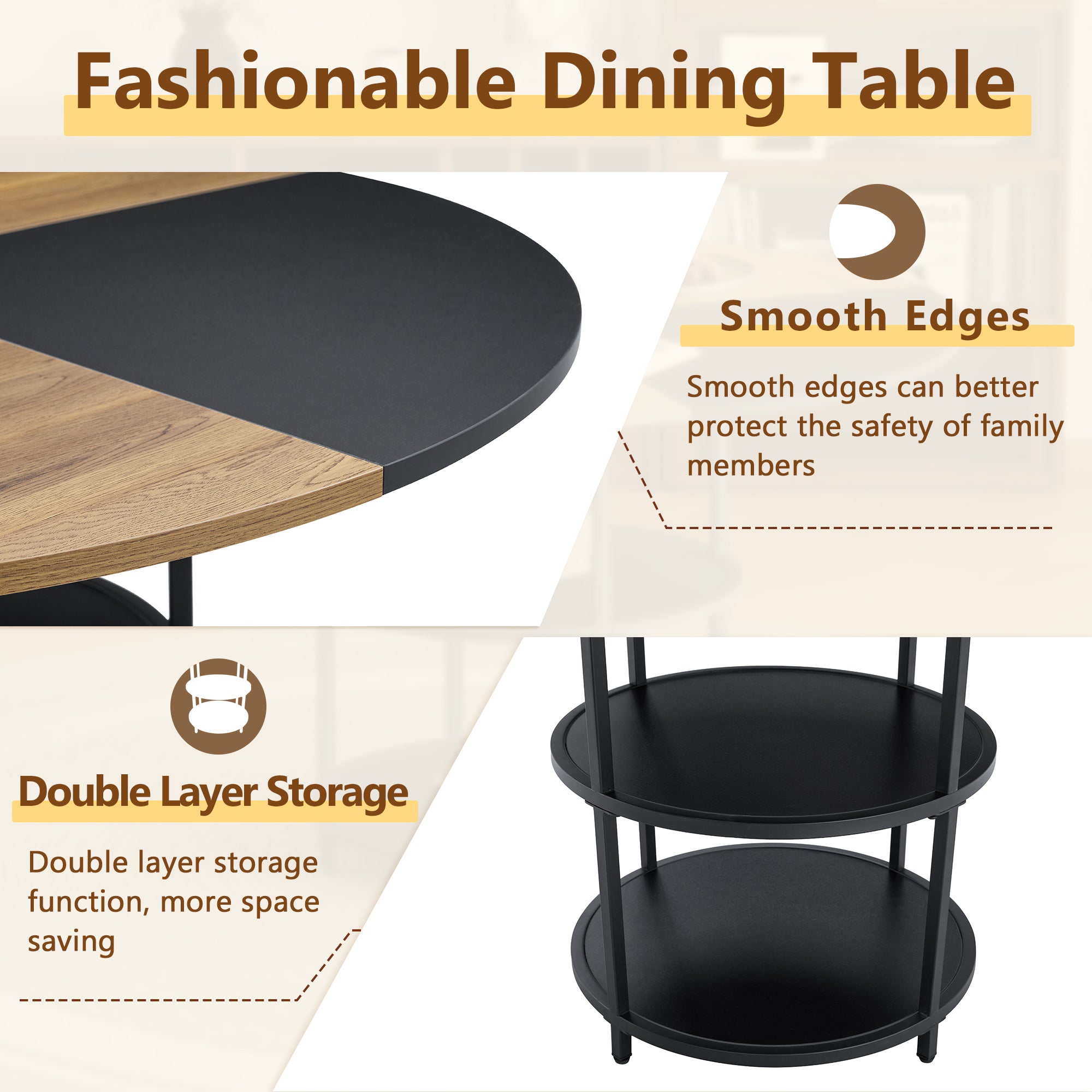 47.3" Modern Splicing Circular Dining Table with Double-Layer Storage ¨C 4 Black Linen-Cotton High-Resilience Chairs with Metal Legs, Table Linens Included