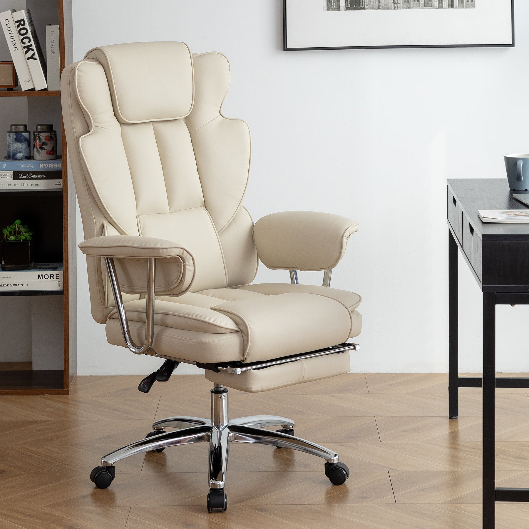 Office Chair, Big and Tall Executive Office Chair with Footrest, Leather Computer Chair, Ergonomic Reclining Chair High Back , Large Home Office Chair (Beige)